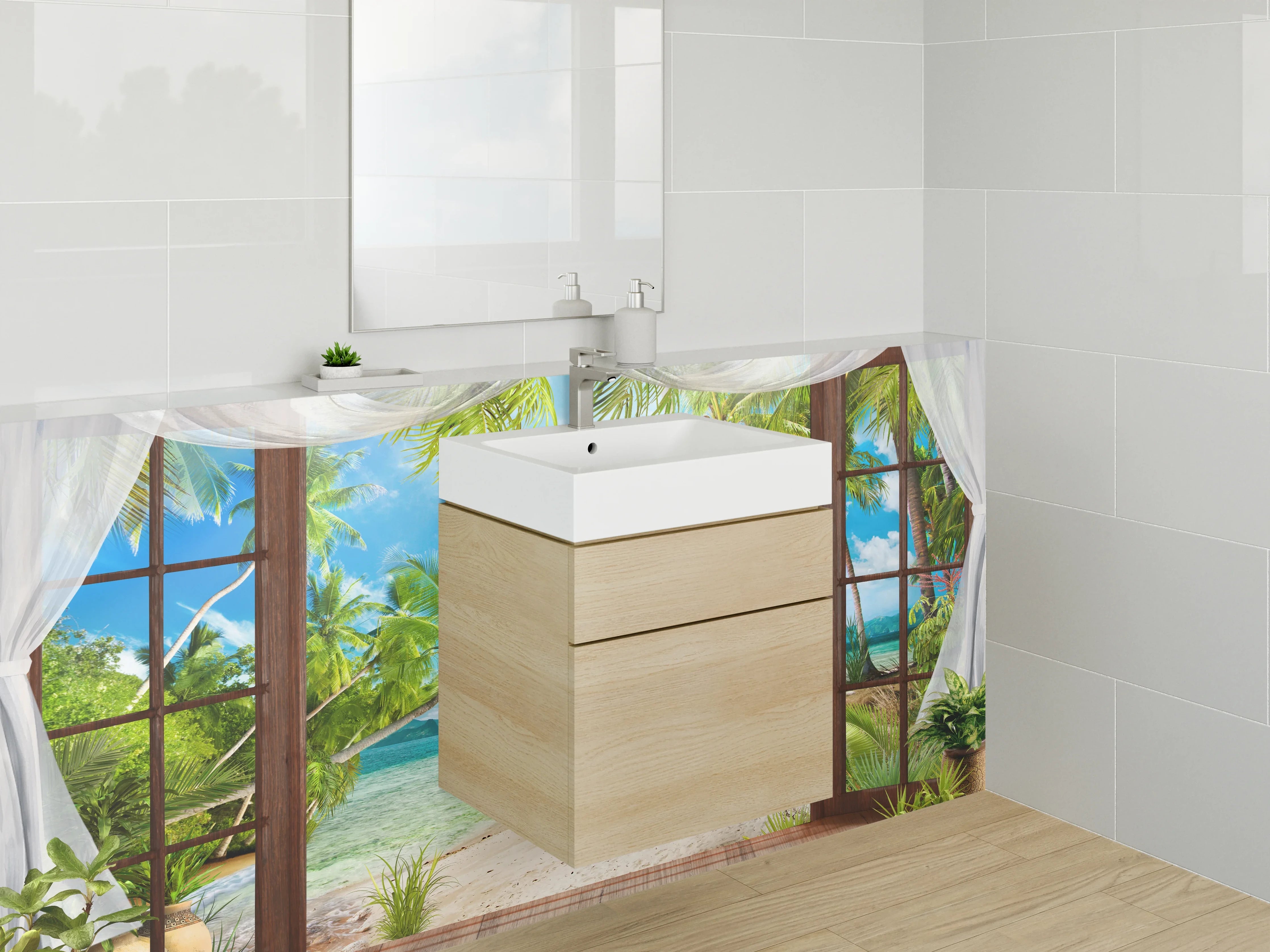Waschbecken-Rückwand - Karibisches Strandfenster Tropenidylle