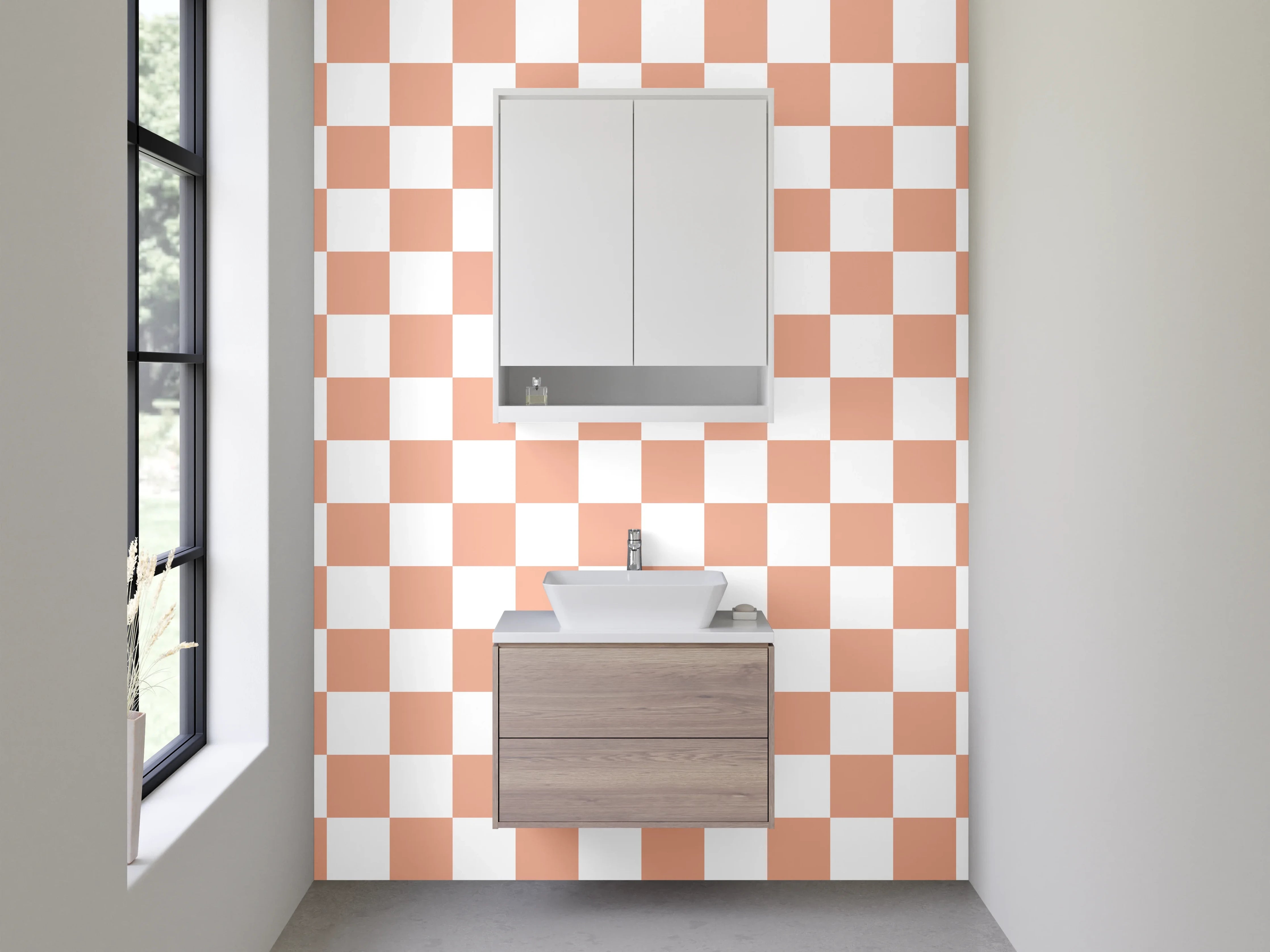 Waschbecken-Rückwand - Kariertes Retro-Muster Orange Weiß