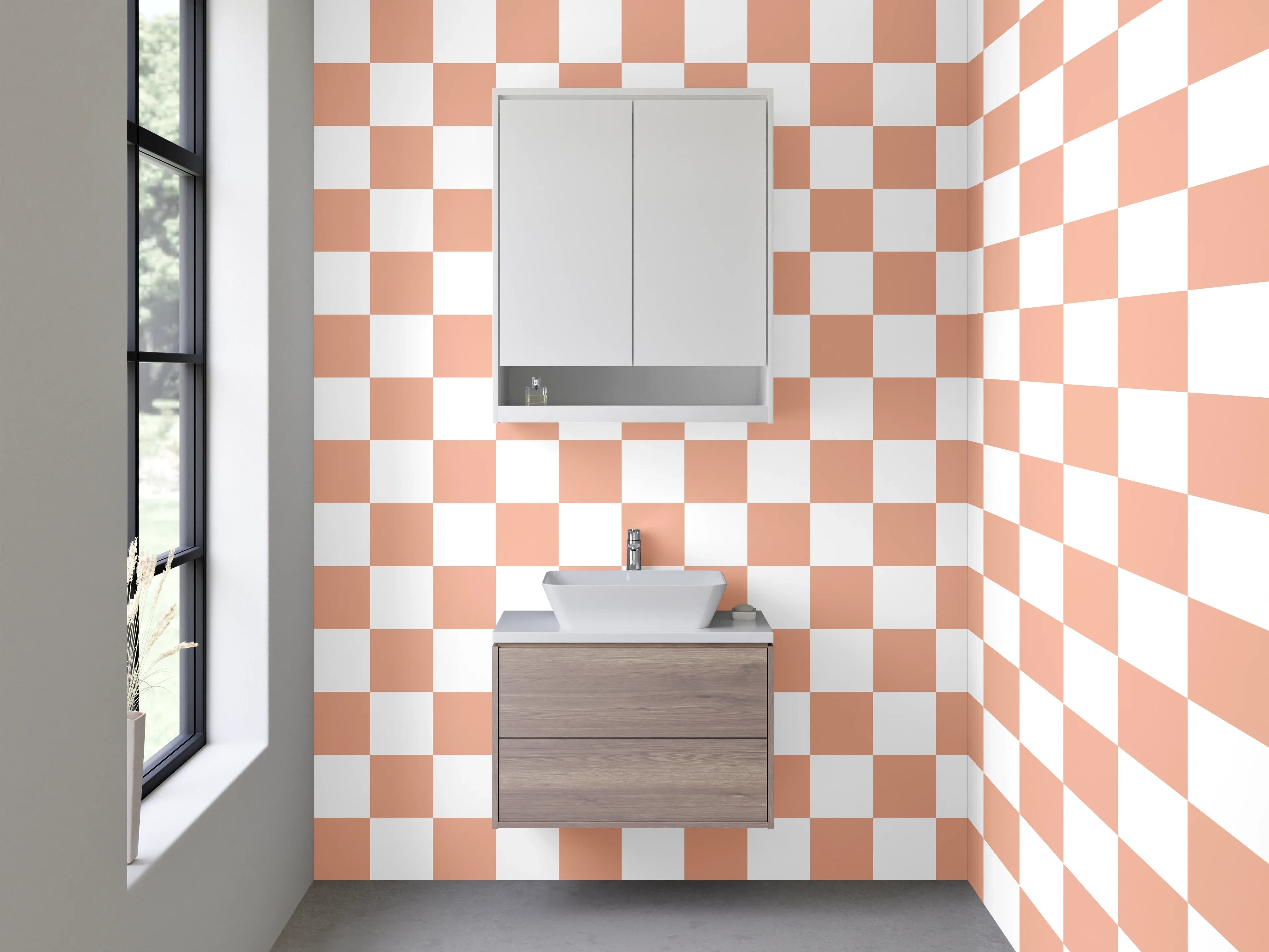 Waschbecken-Rückwand - Kariertes Retro-Muster Orange Weiß