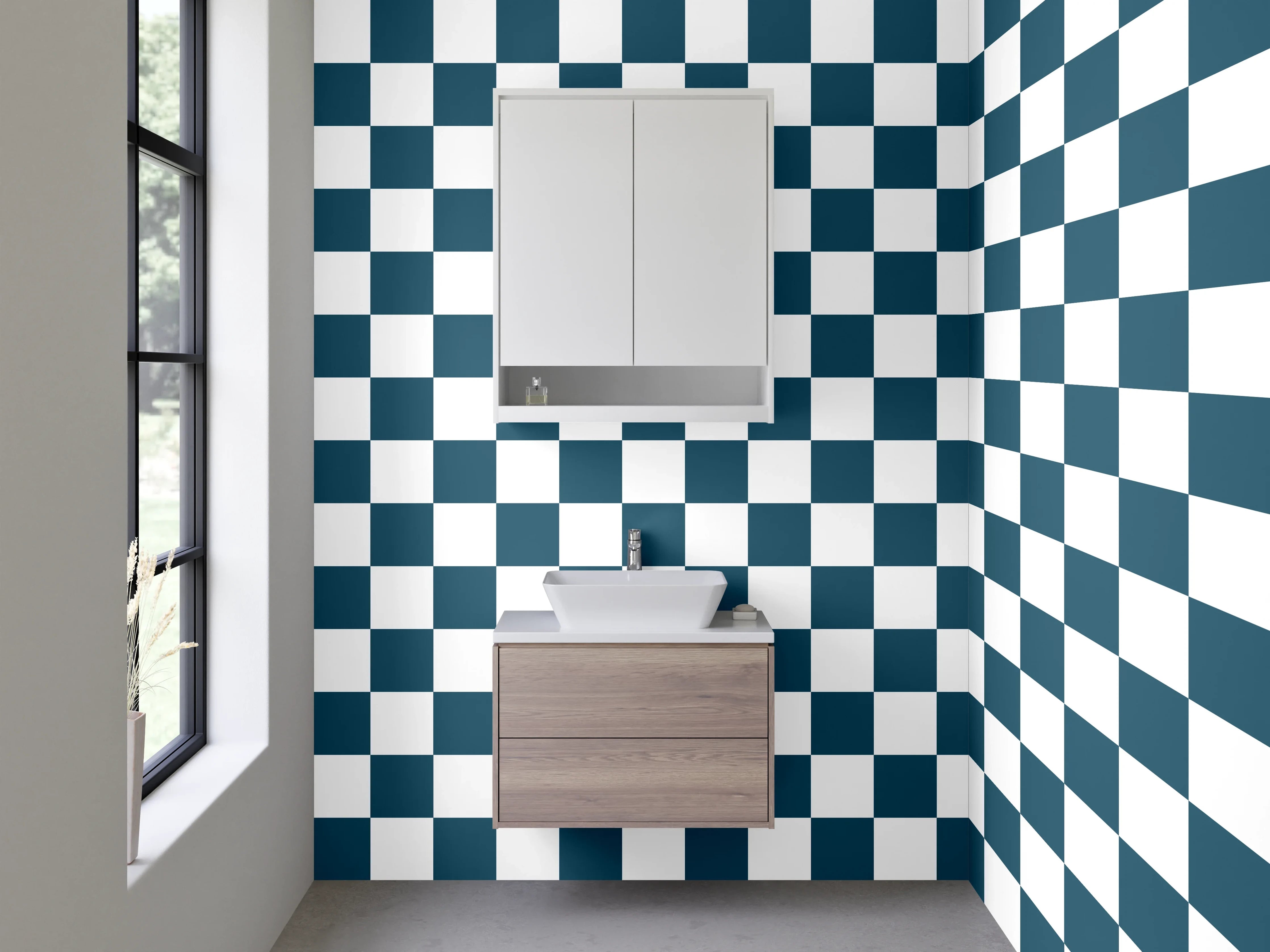 Waschbecken-Rückwand - Kariertes Retro-Muster in Schwarz-Weiß