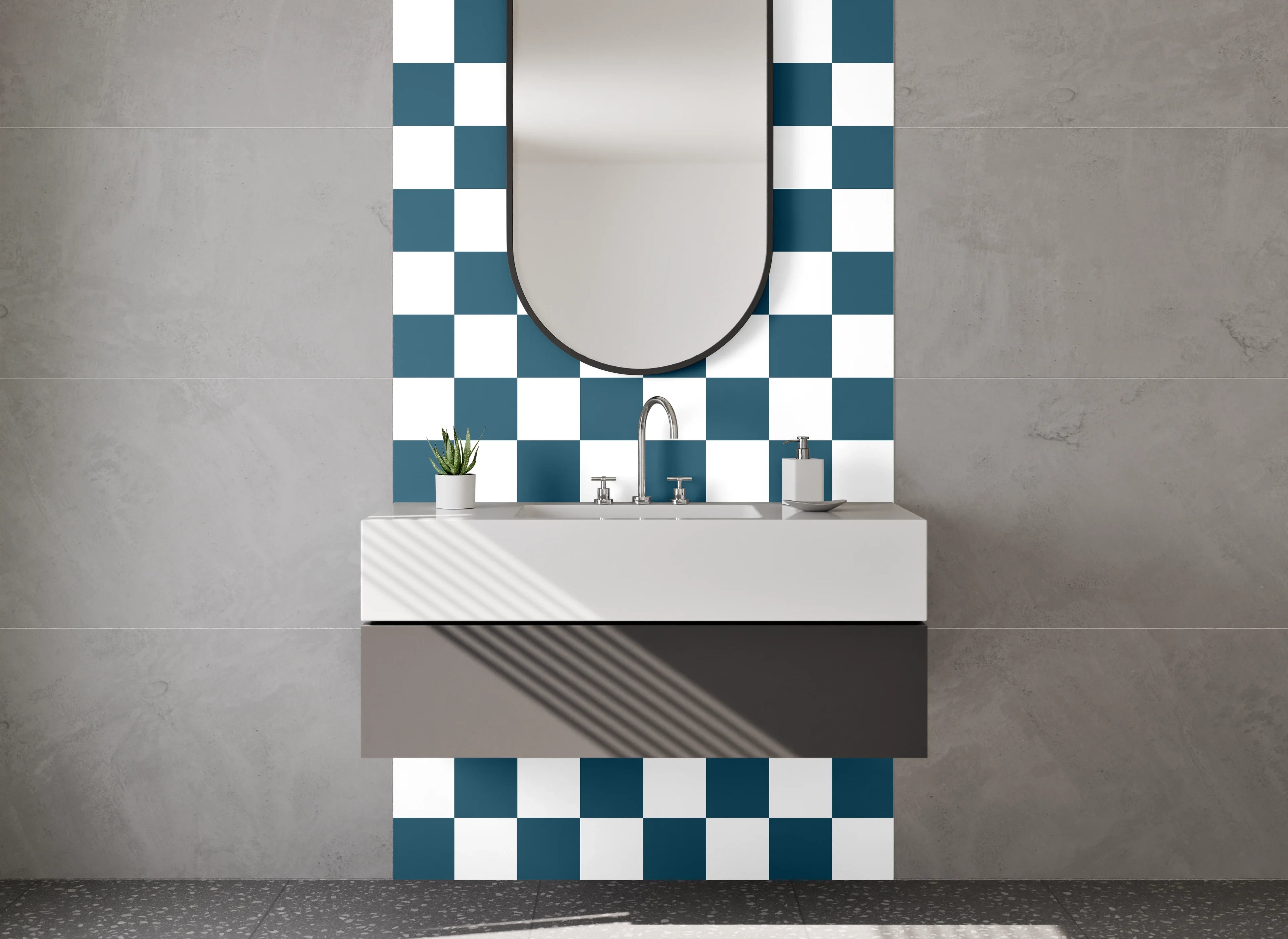 Waschbecken-Rückwand - Kariertes Retro-Muster in Schwarz-Weiß