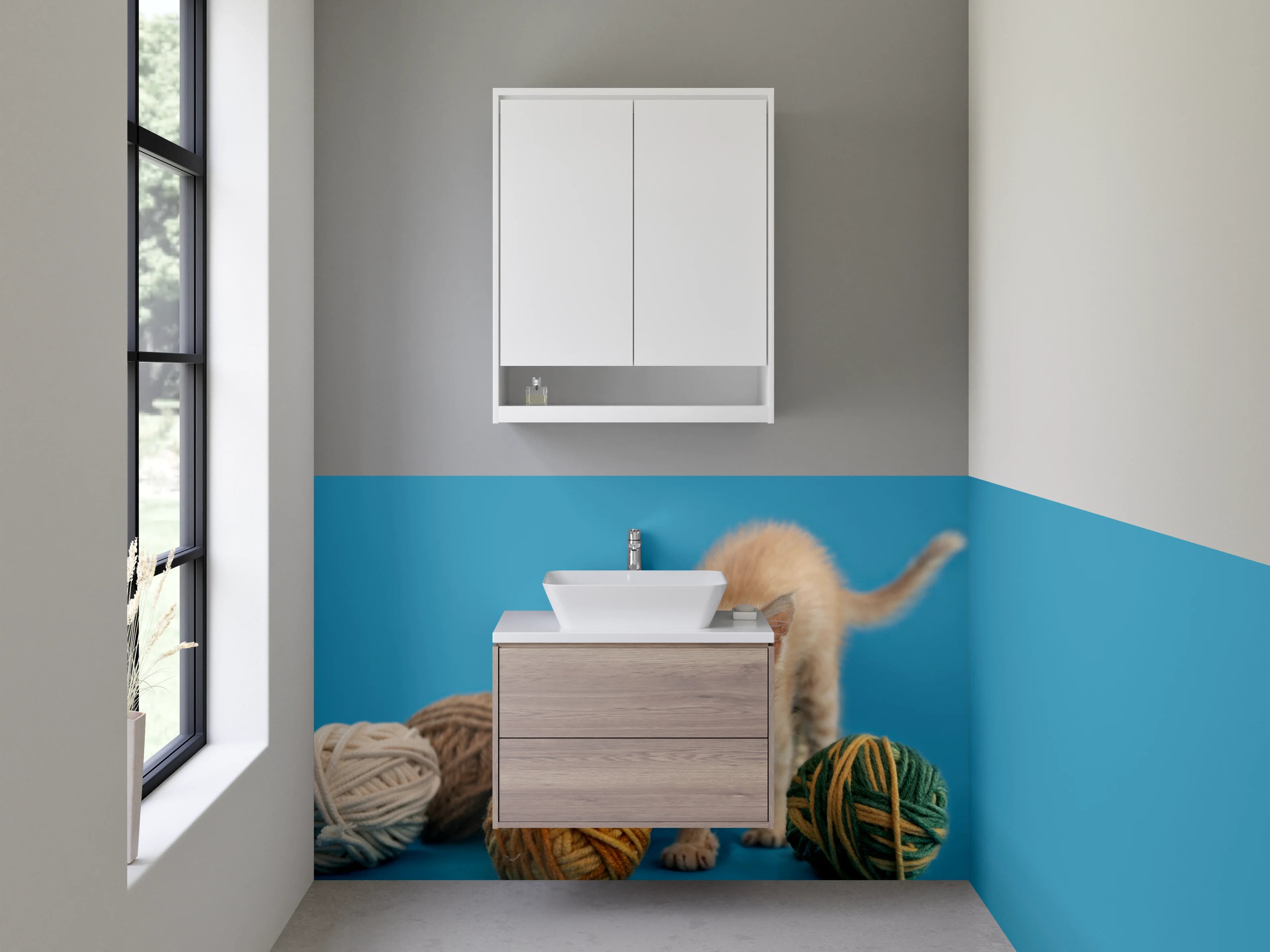 Waschbecken-Rückwand - Katzenbaby mit Wollknäuel auf Blau