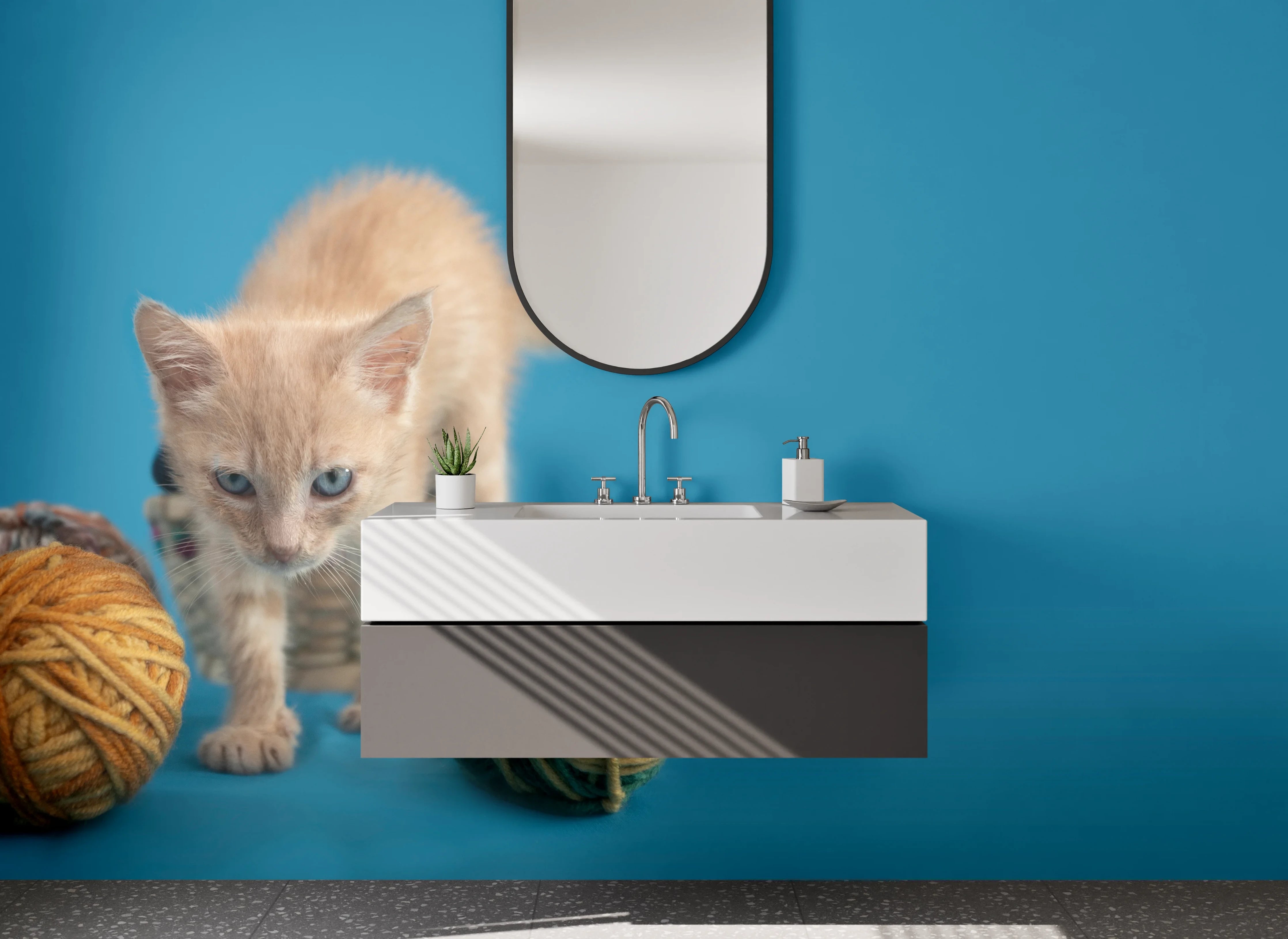 Waschbecken-Rückwand - Katzenbaby mit Wollknäuel auf Blau