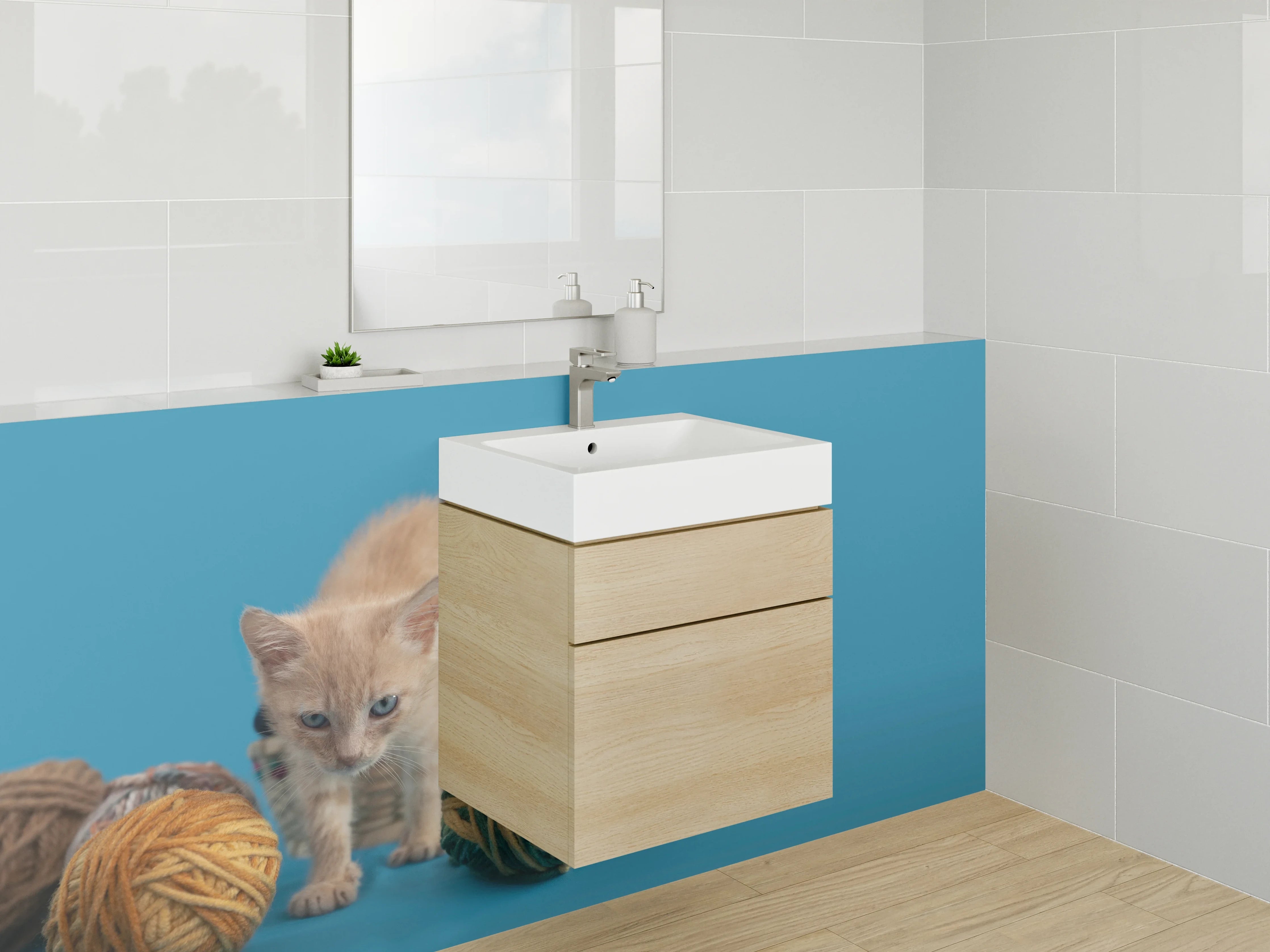 Waschbecken-Rückwand - Katzenbaby mit Wollknäuel auf Blau
