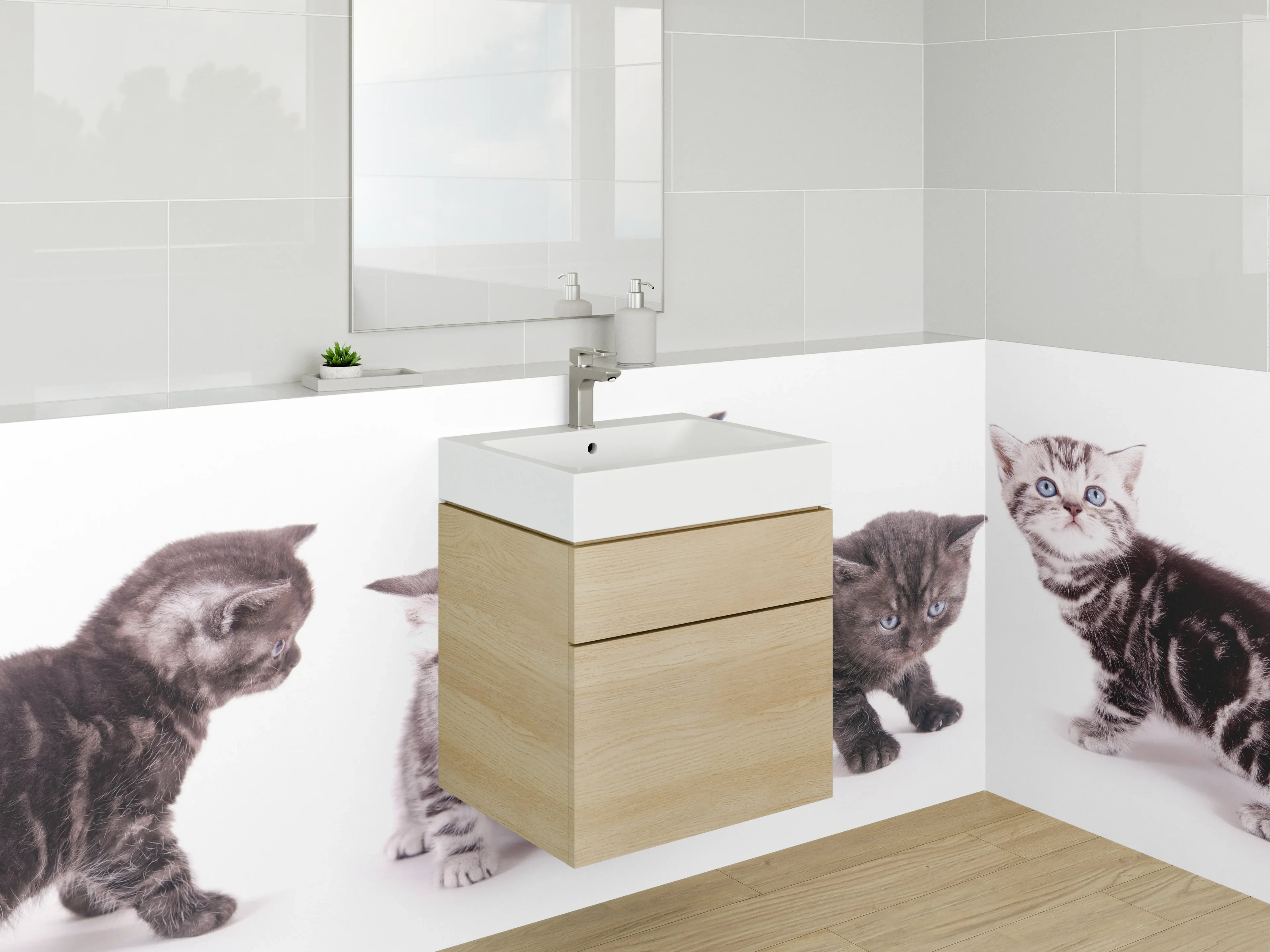 Waschbecken-Rückwand - Katzenbabys auf Weiß – Fotokunst