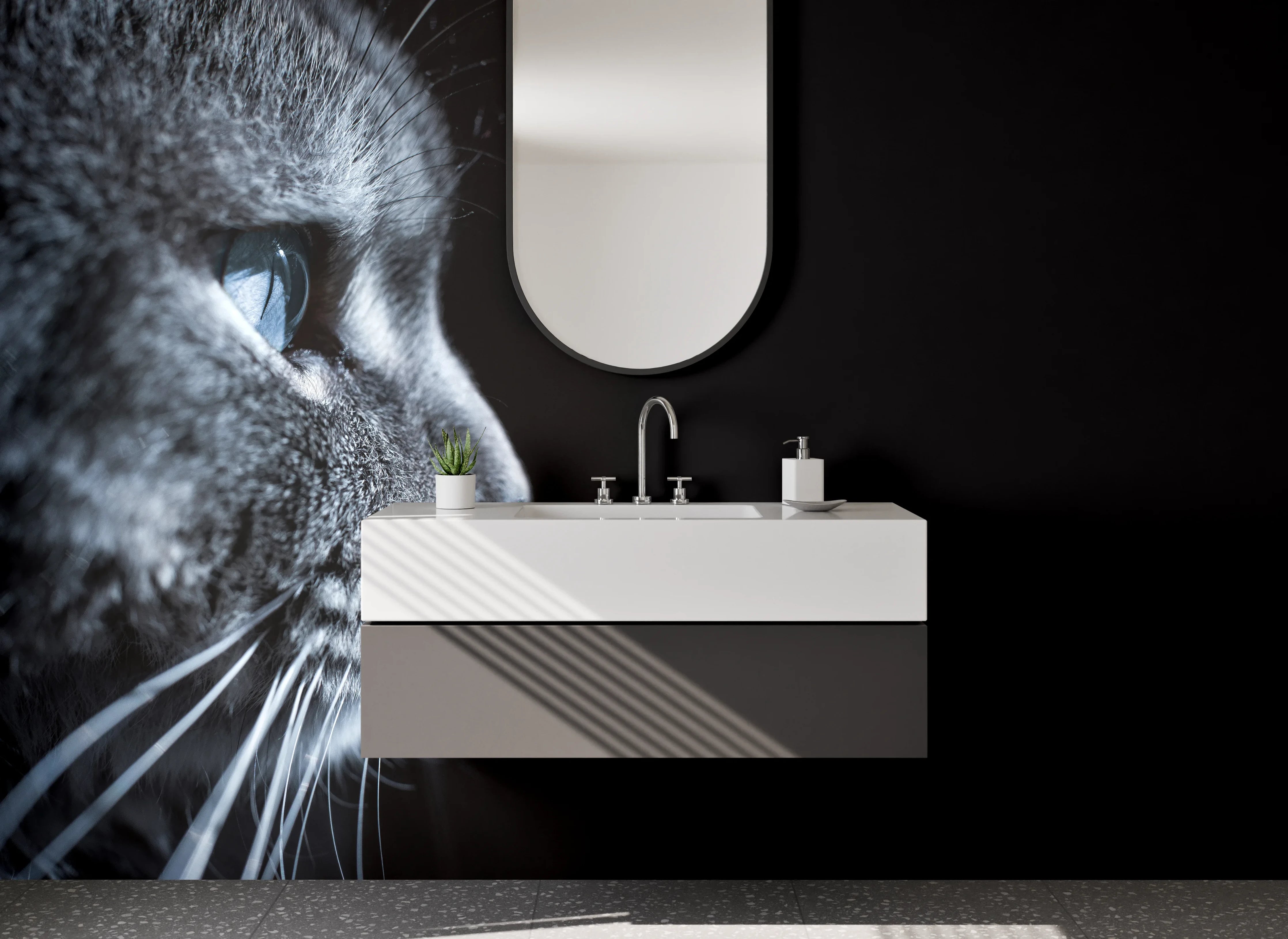 Waschbecken-Rückwand - Katzenprofil in Blau-Grau