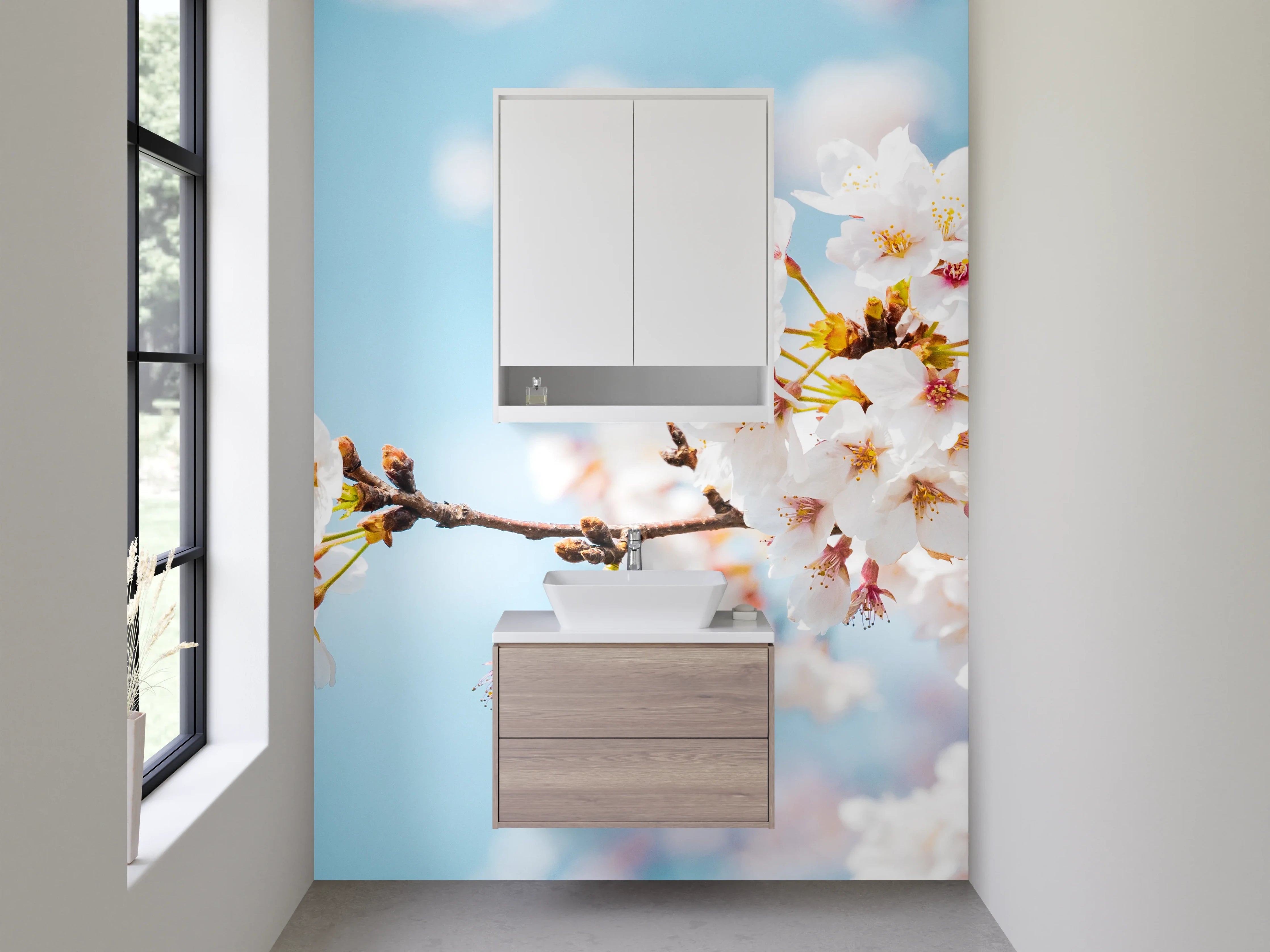 Waschbecken-Rückwand - Kirschblüten Zweig vor blauem Himmel