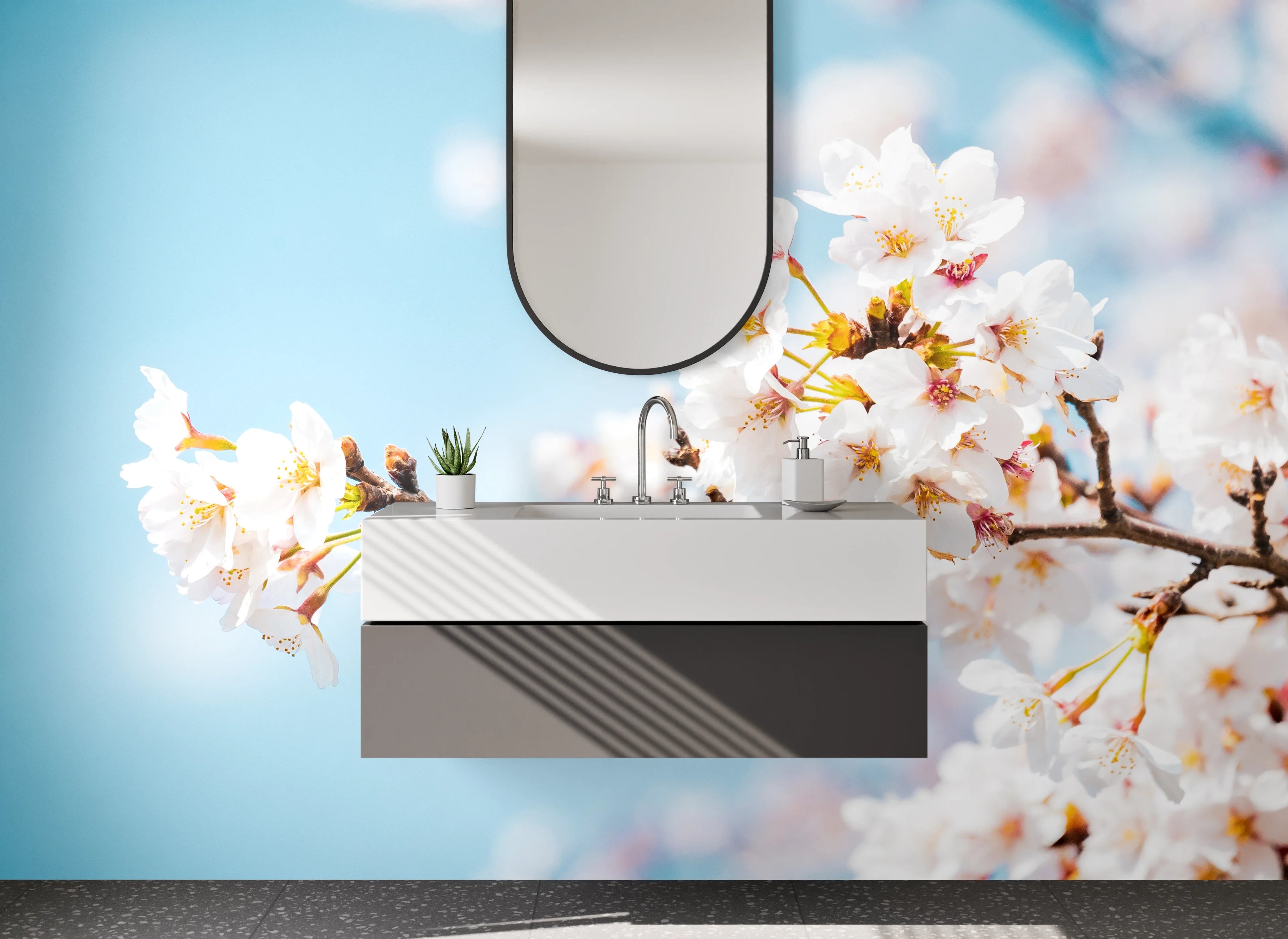 Waschbecken-Rückwand - Kirschblüten Zweig vor blauem Himmel