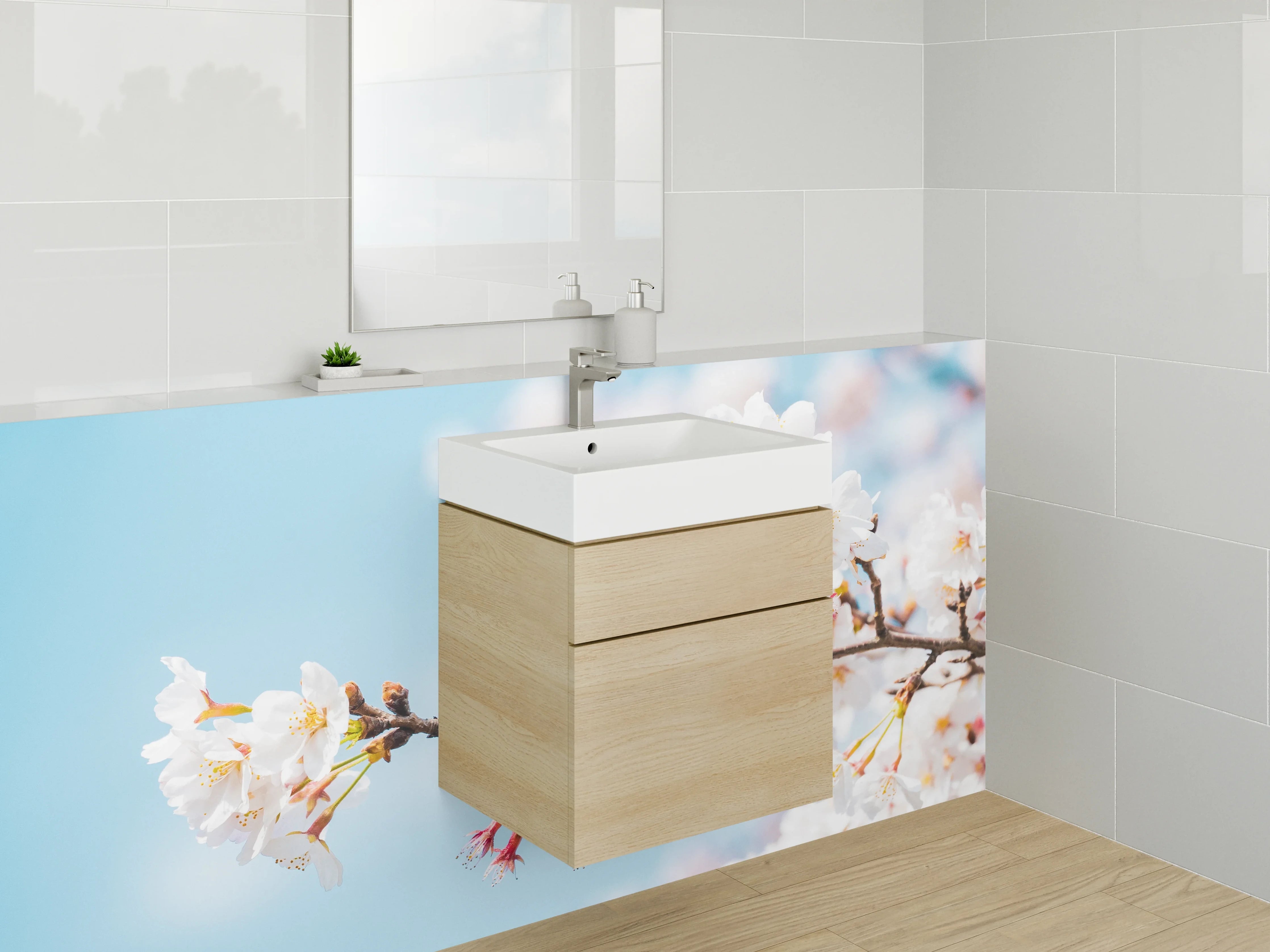 Waschbecken-Rückwand - Kirschblüten Zweig vor blauem Himmel