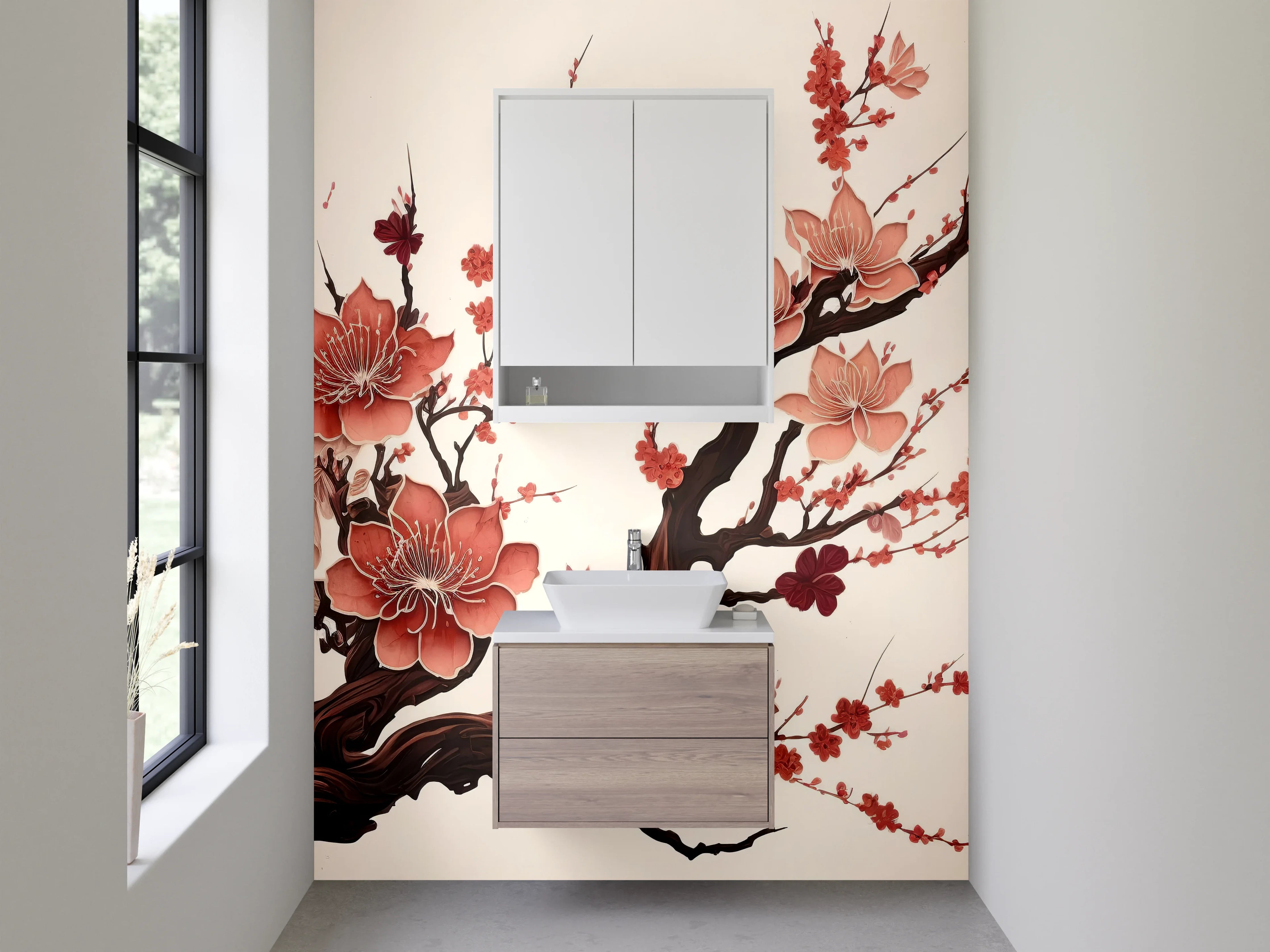 Waschbecken-Rückwand - Kirschblütenzauber in sanften Grautönen