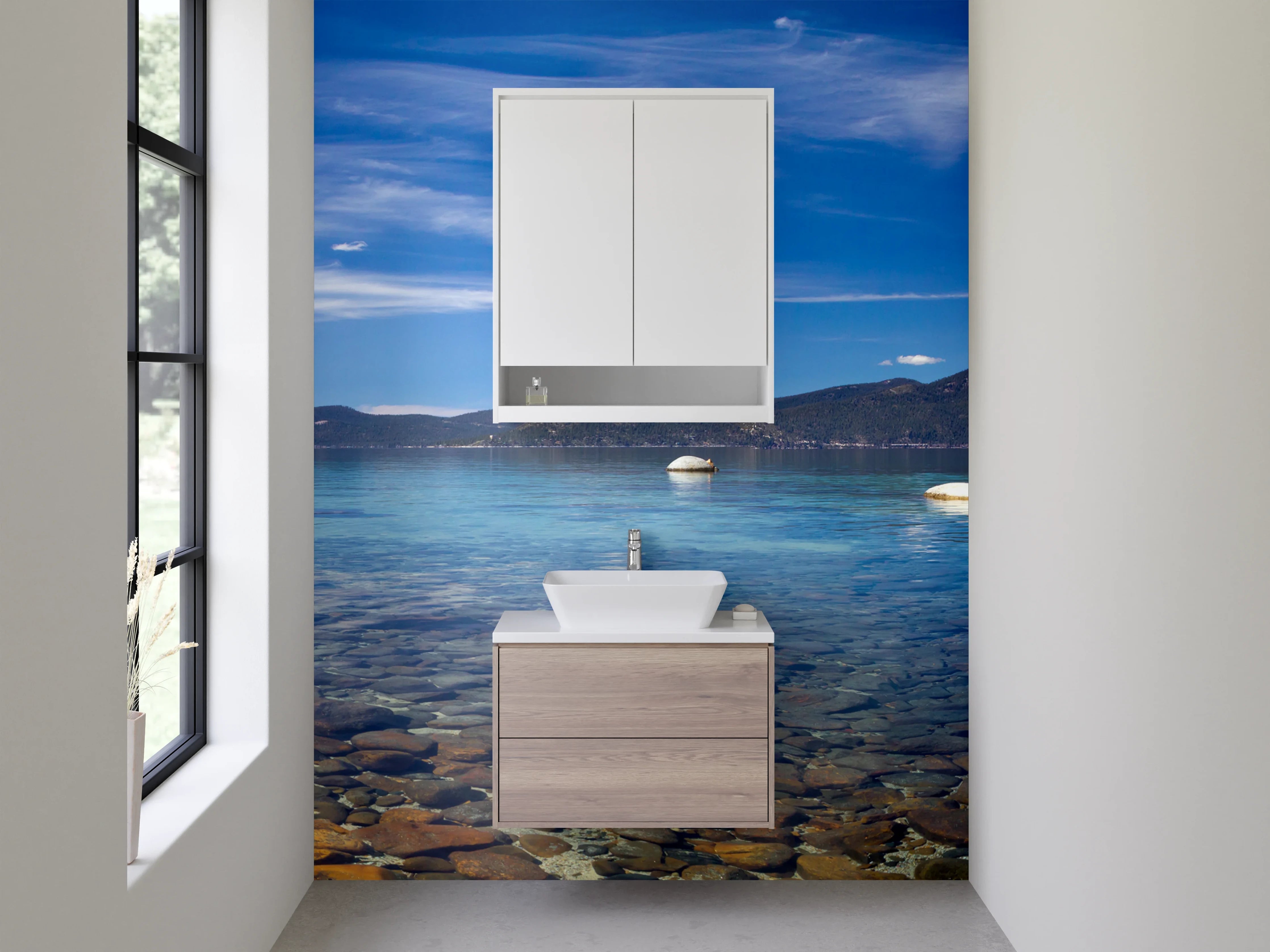 Waschbecken-Rückwand - Klares Seenpanorama mit Bergen