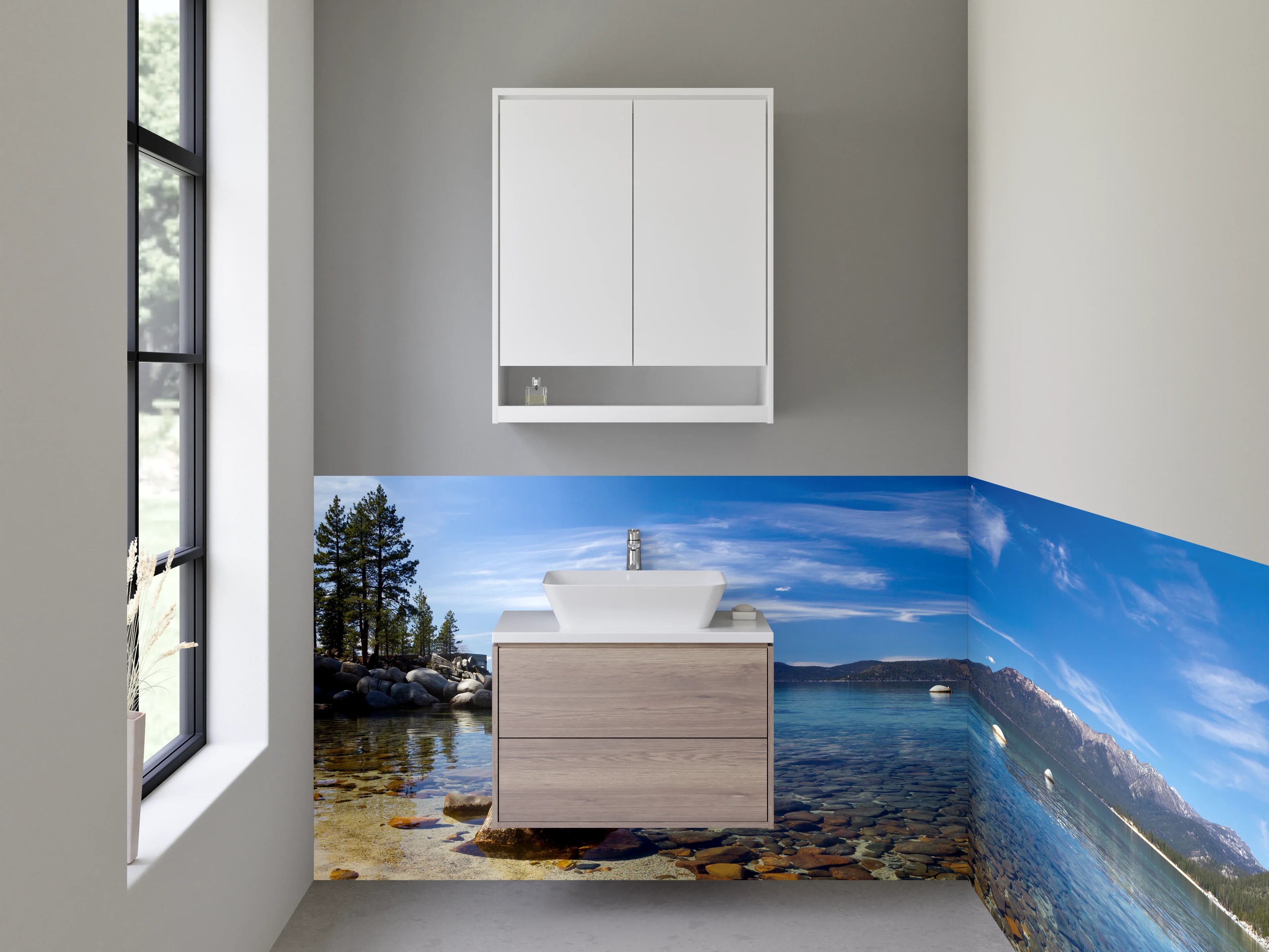 Waschbecken-Rückwand - Klares Seenpanorama mit Bergen