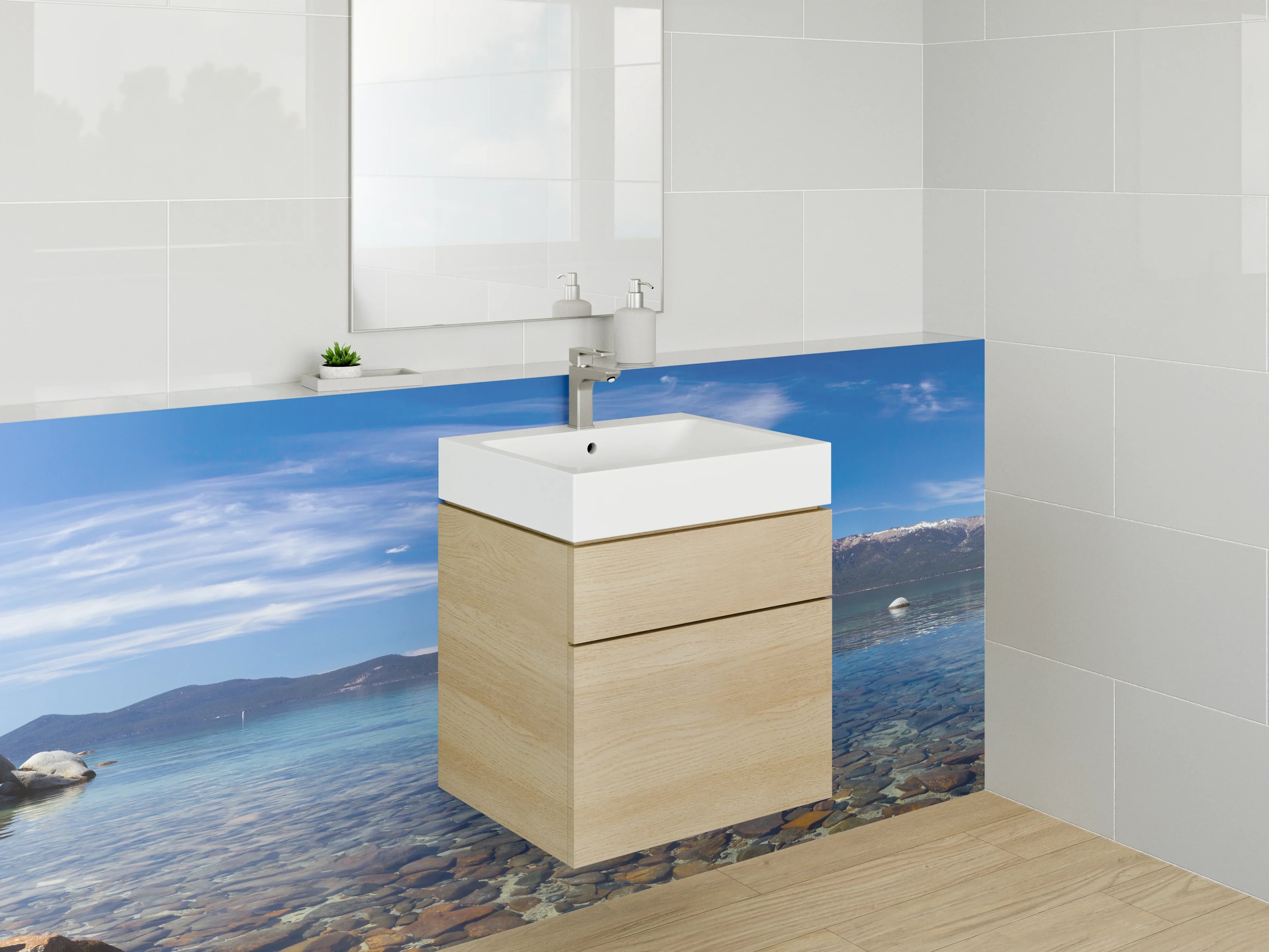 Waschbecken-Rückwand - Klares Seenpanorama mit Bergen