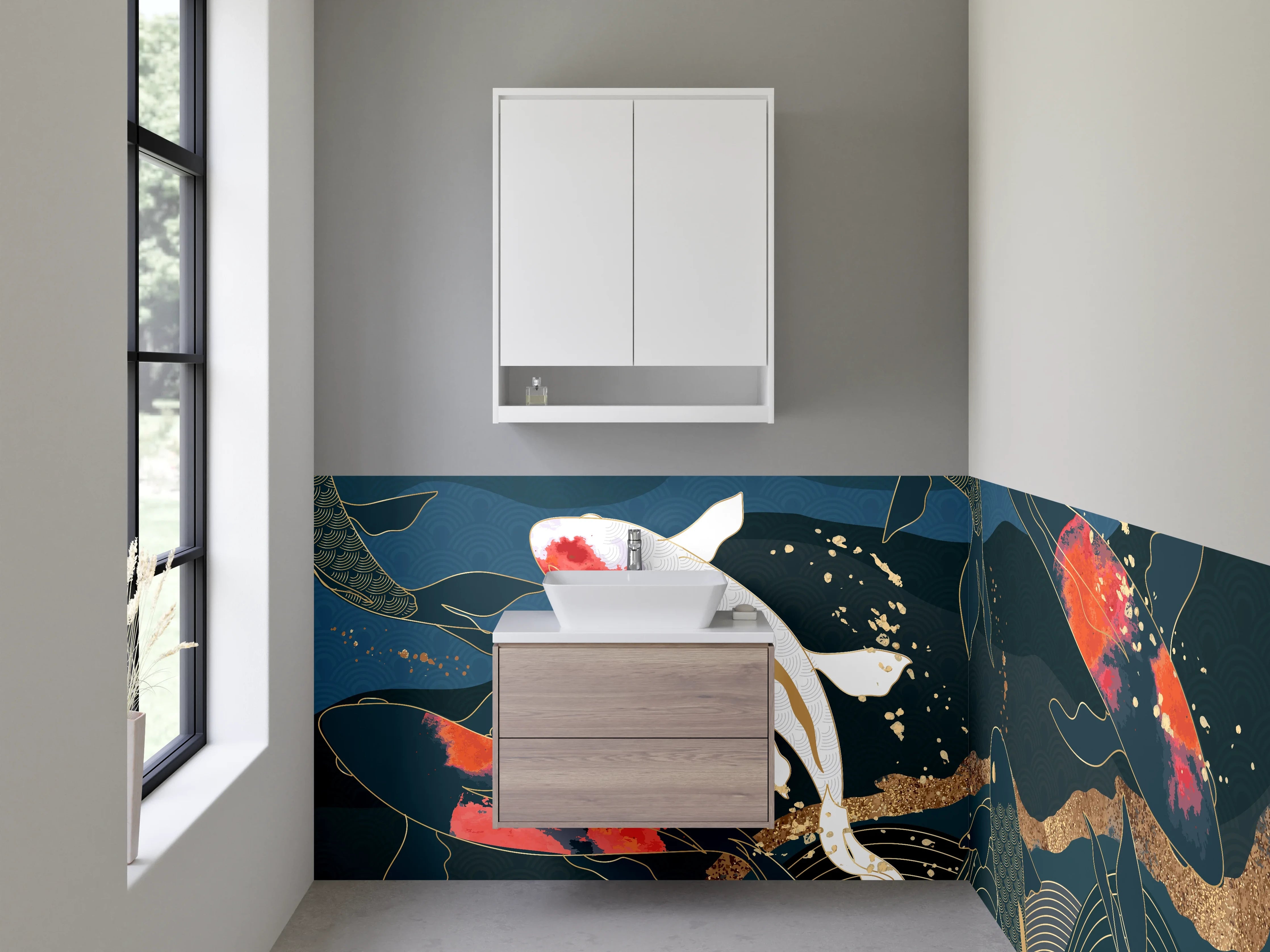 Waschbecken-Rückwand - Koi Fische Kunst Blau Gold Abstrakt
