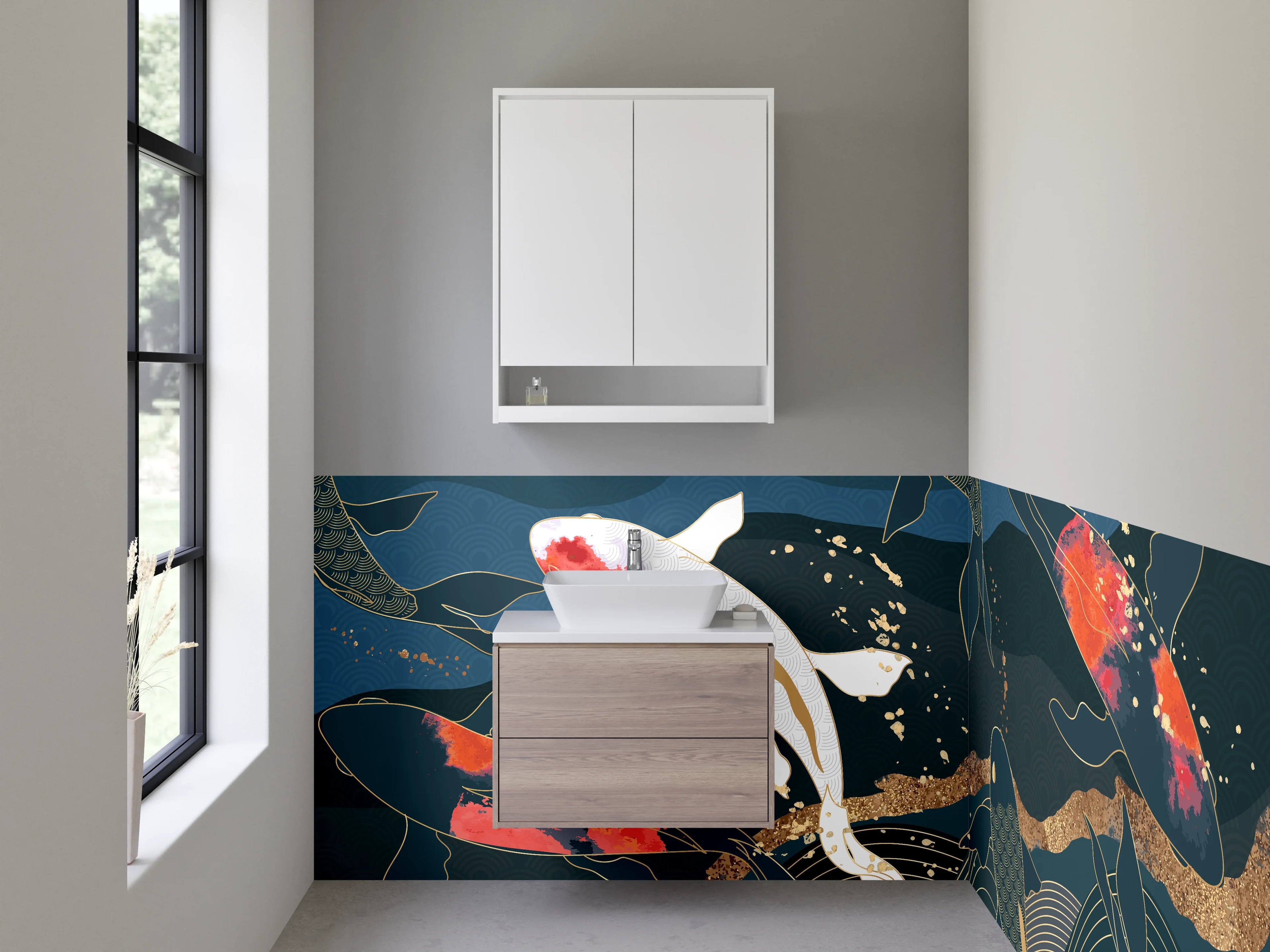 Waschbecken-Rückwand - Koi-Karpfen Eleganz Kunst Blau Gold