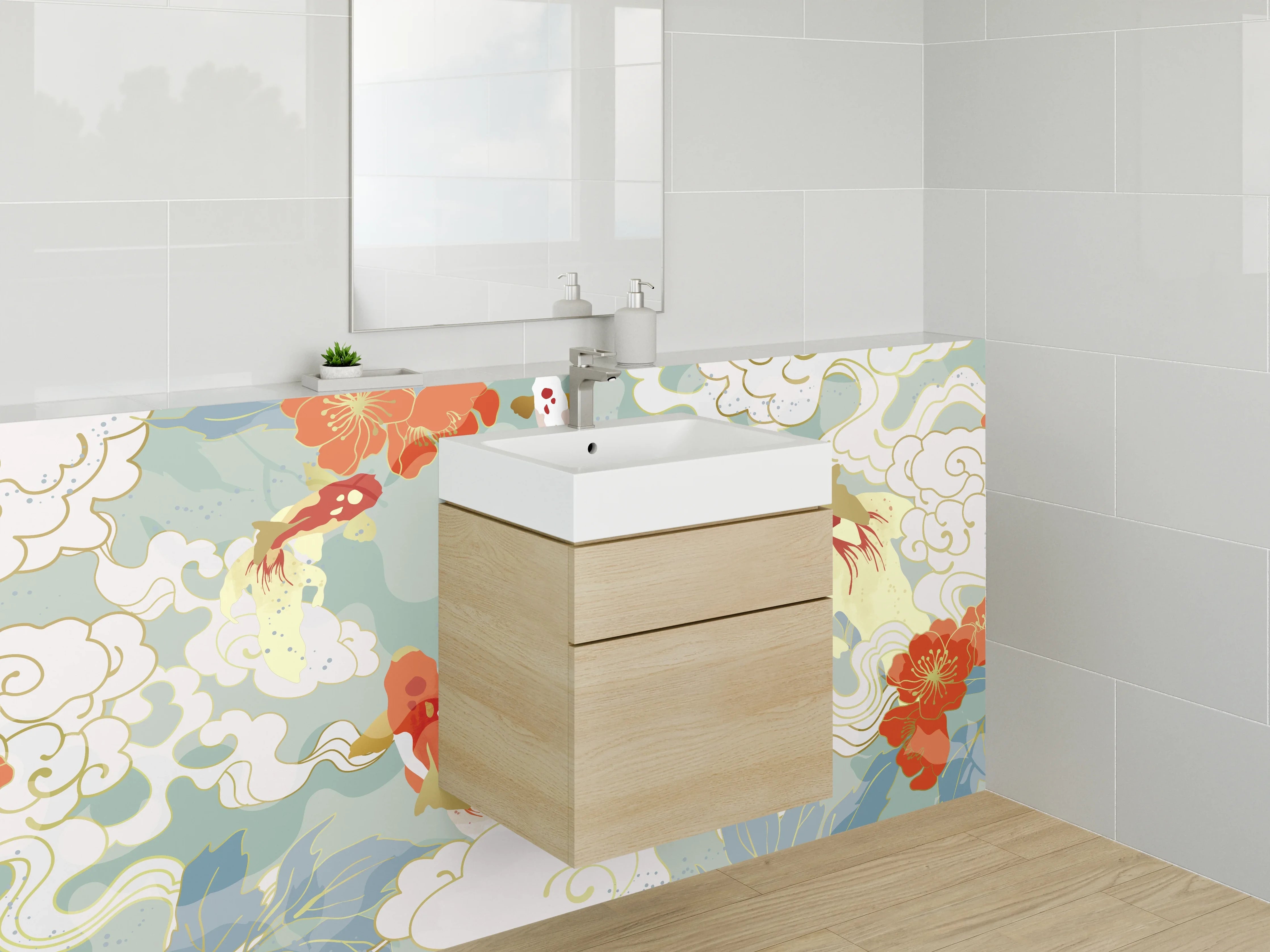 Waschbecken-Rückwand - Koi Karpfen asiatisches Blumenmuster