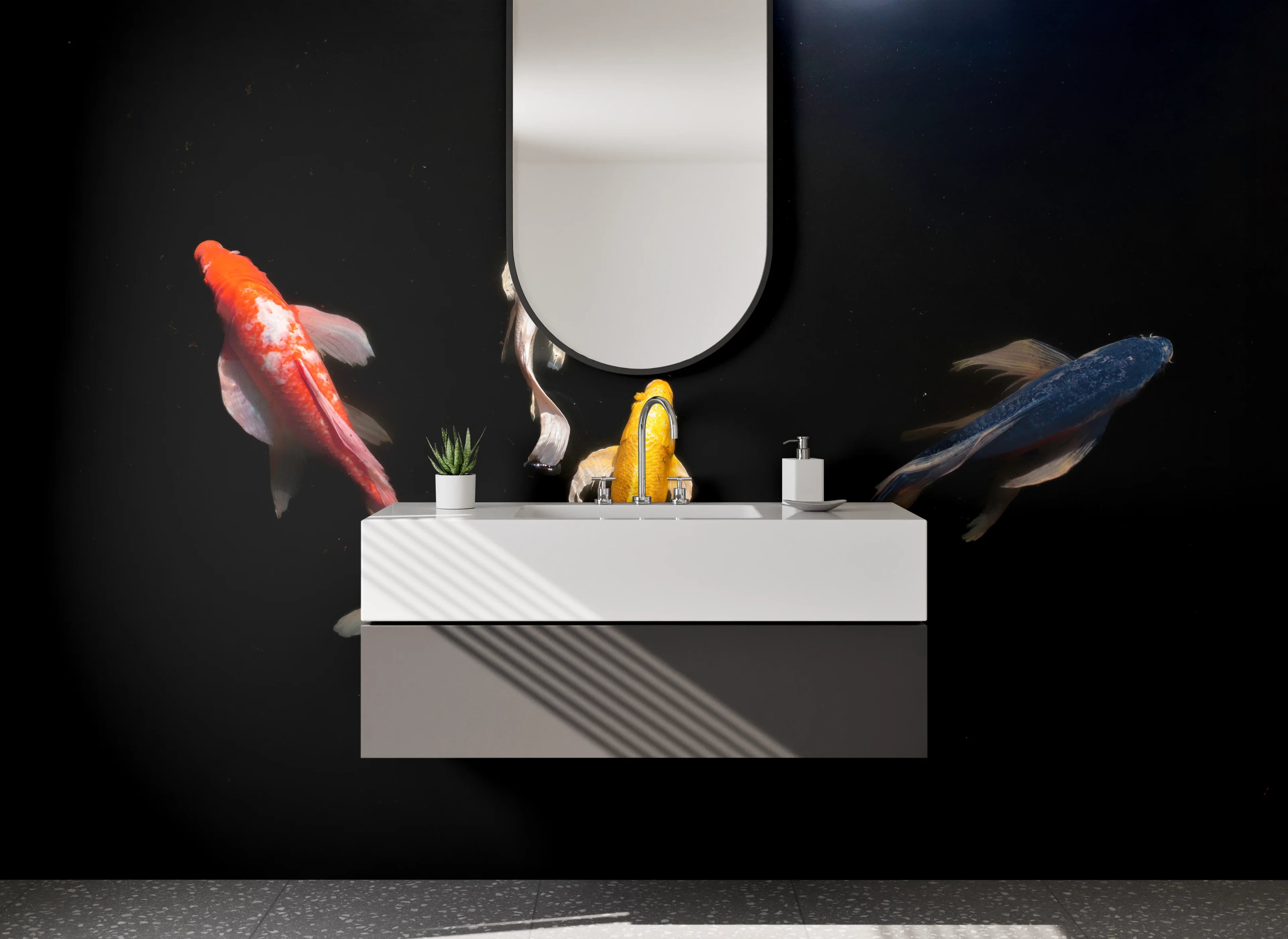 Waschbecken-Rückwand - Koi-Karpfen auf schwarzem Grund
