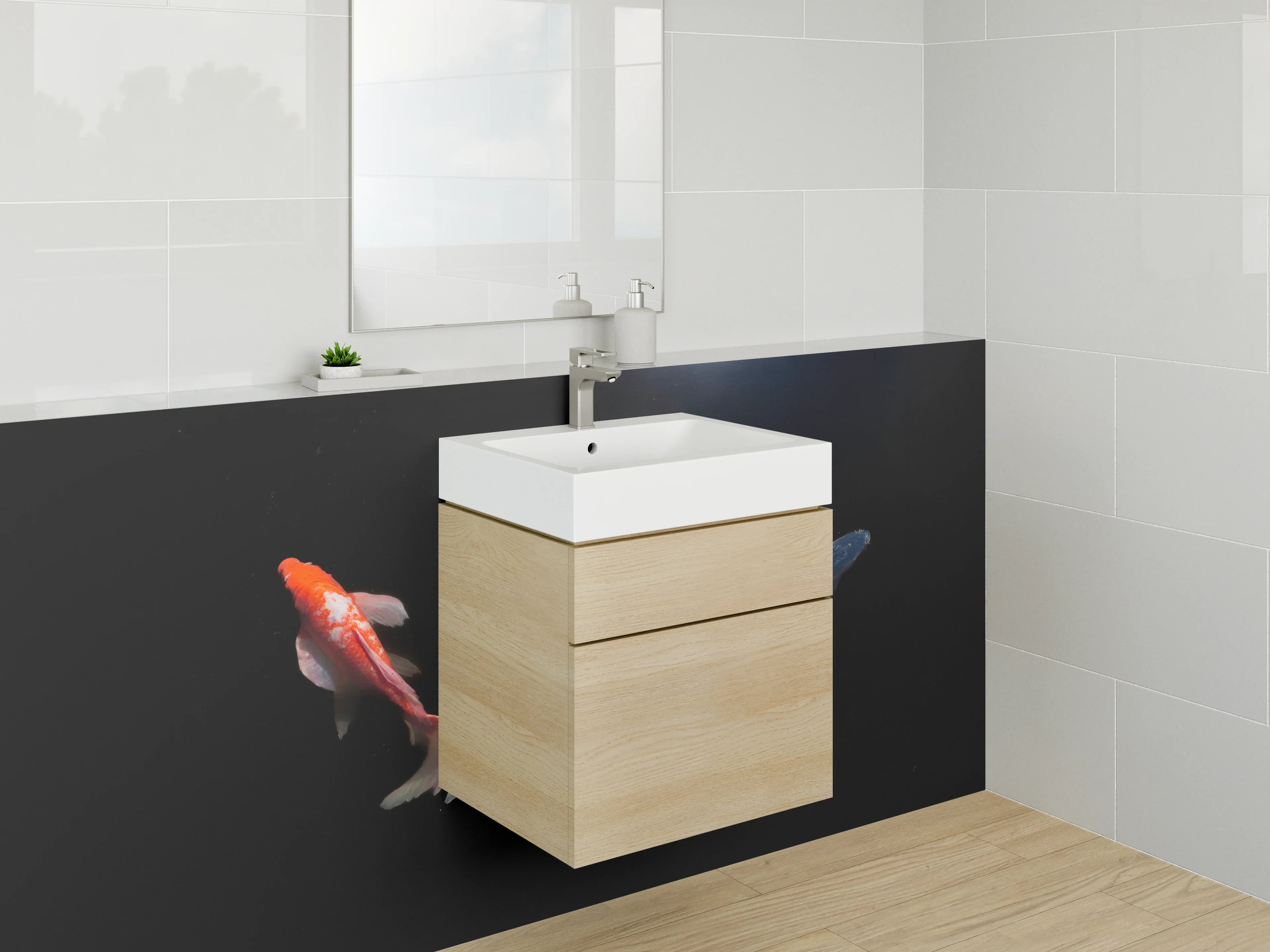 Waschbecken-Rückwand - Koi-Karpfen auf schwarzem Grund