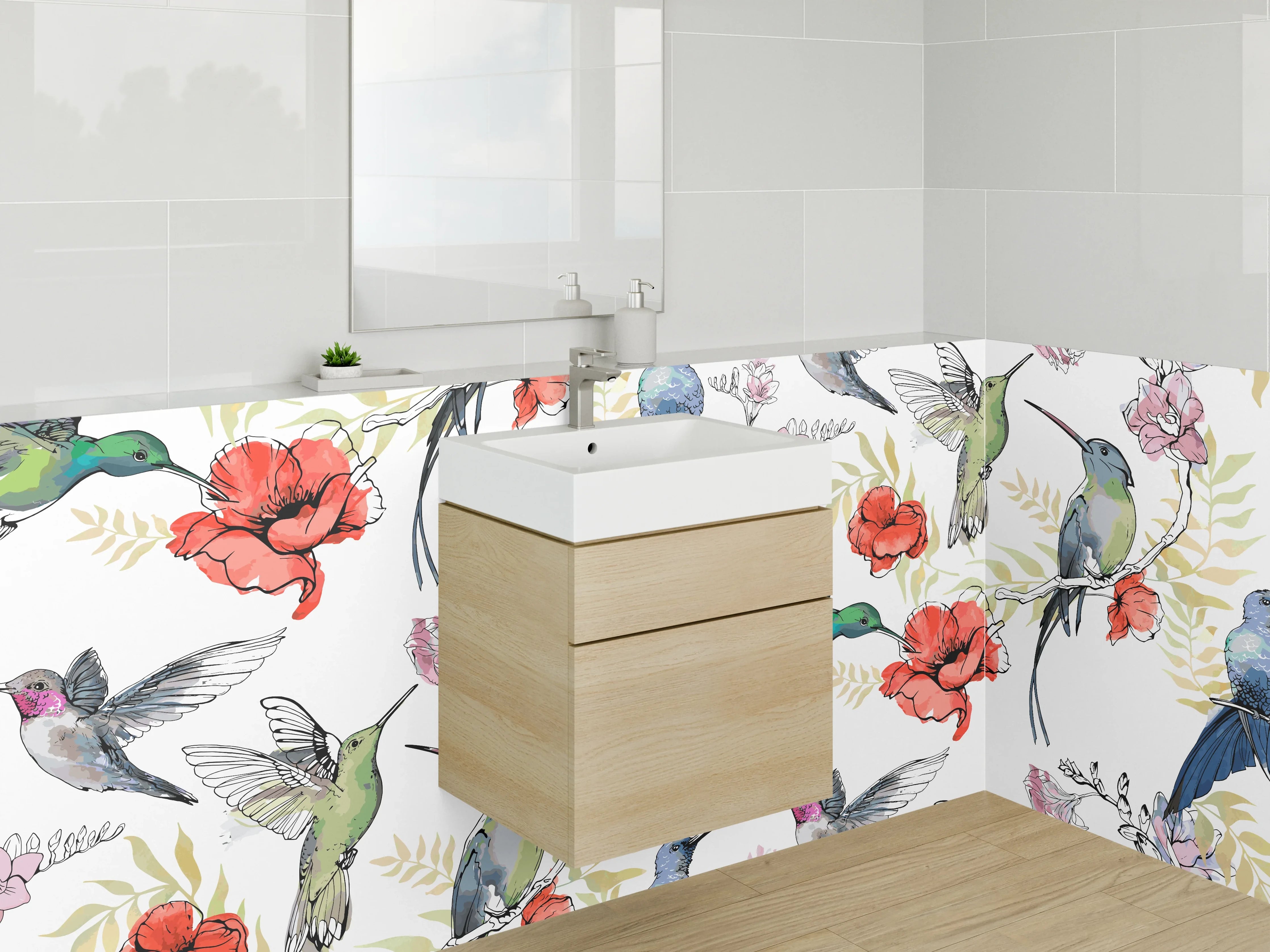 Waschbecken-Rückwand - Kolibri & Blumen Aquarell Muster