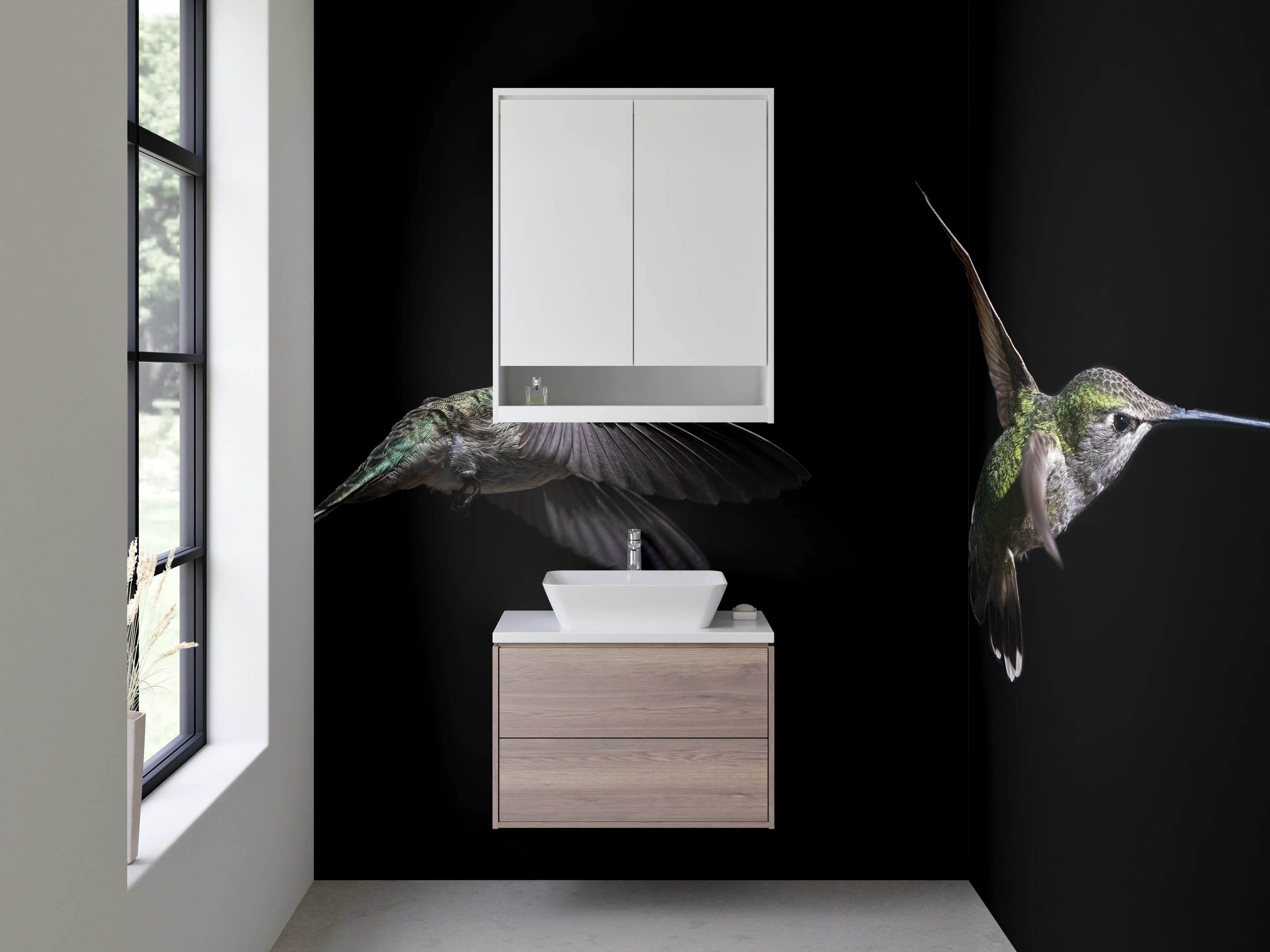 Waschbecken-Rückwand - Kolibri im Flug bei Blume Panorama