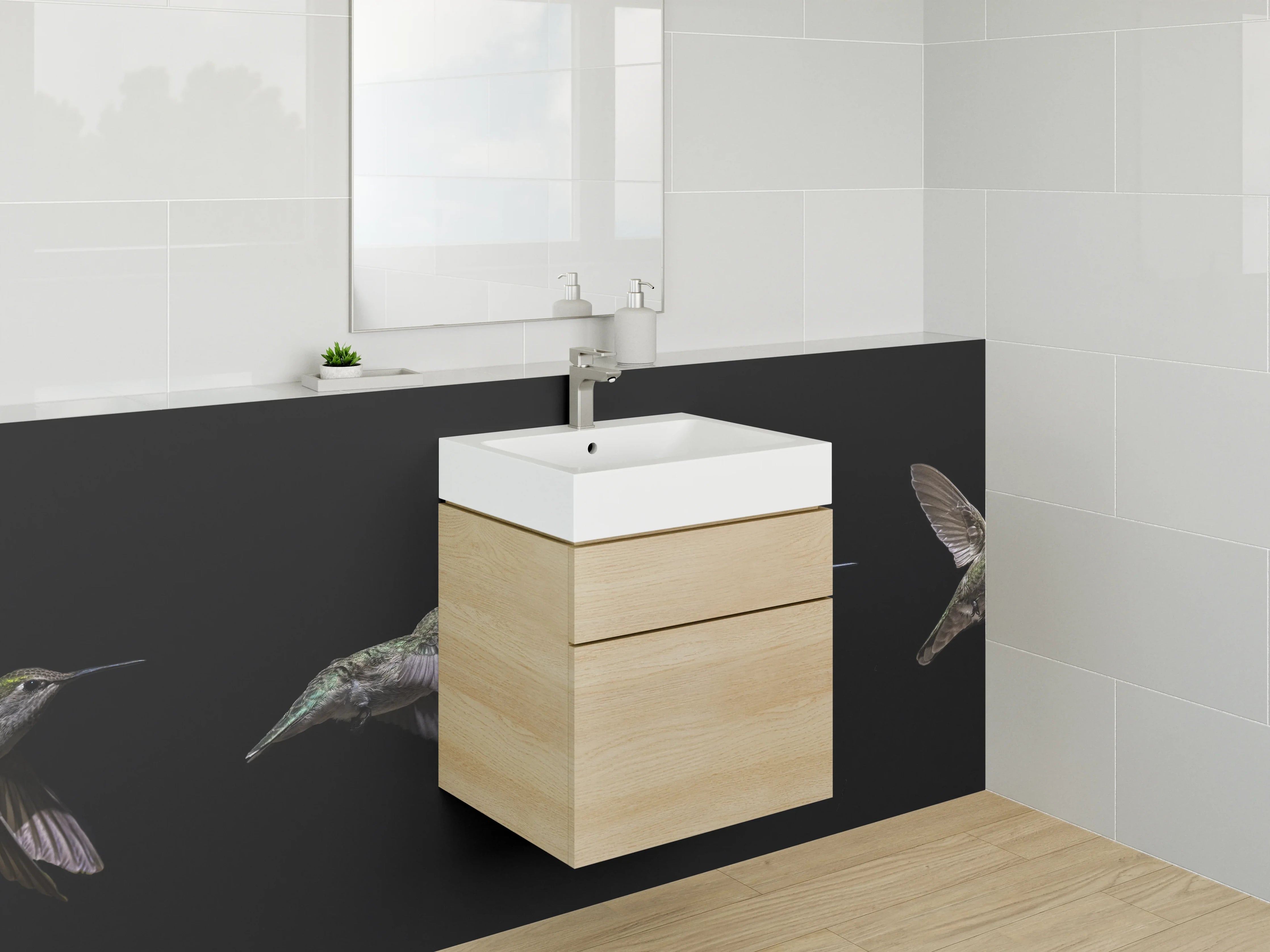 Waschbecken-Rückwand - Kolibri im Flug bei Blume Panorama