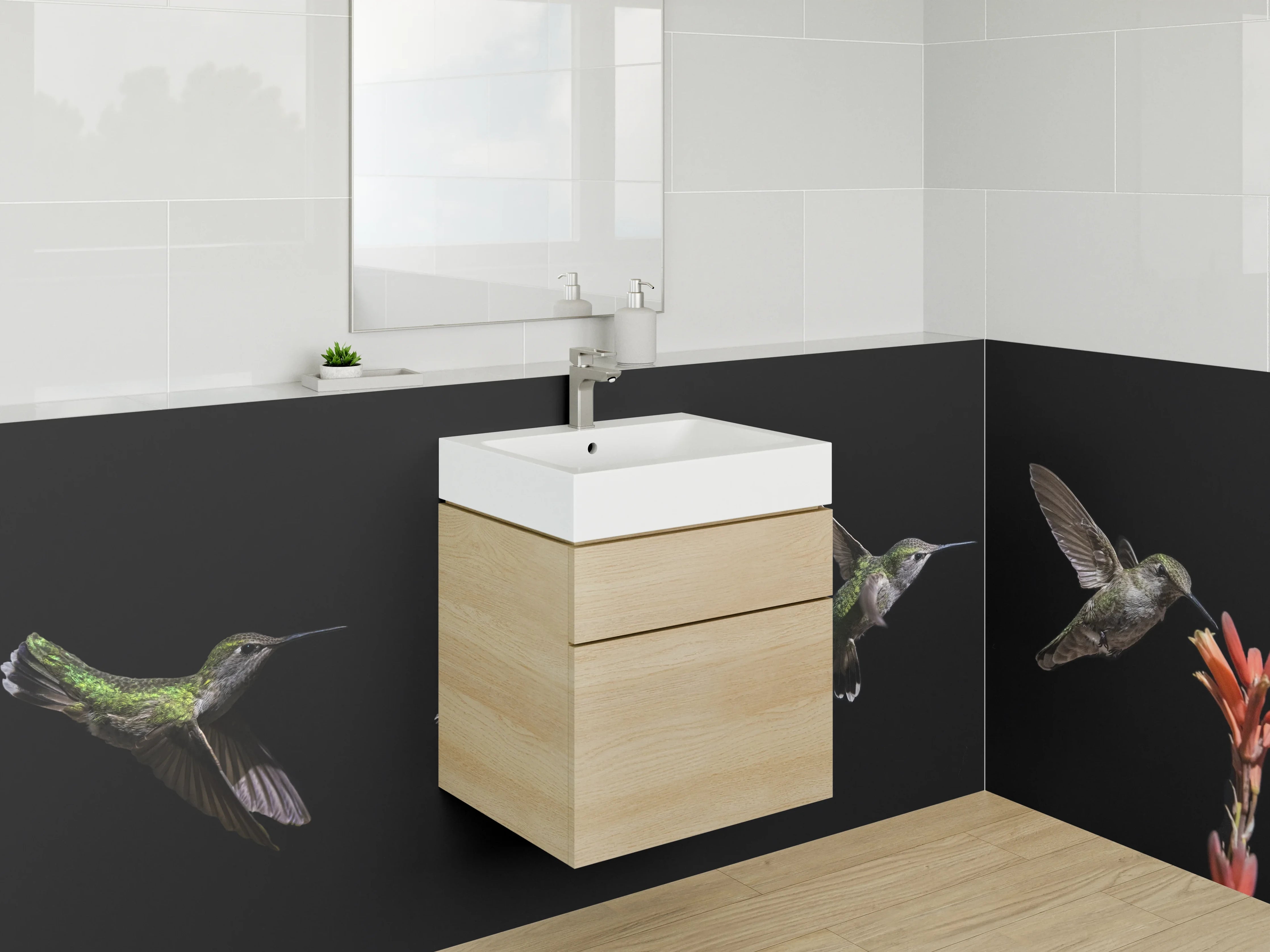 Waschbecken-Rückwand - Kolibri im Flug bei Blume Panorama