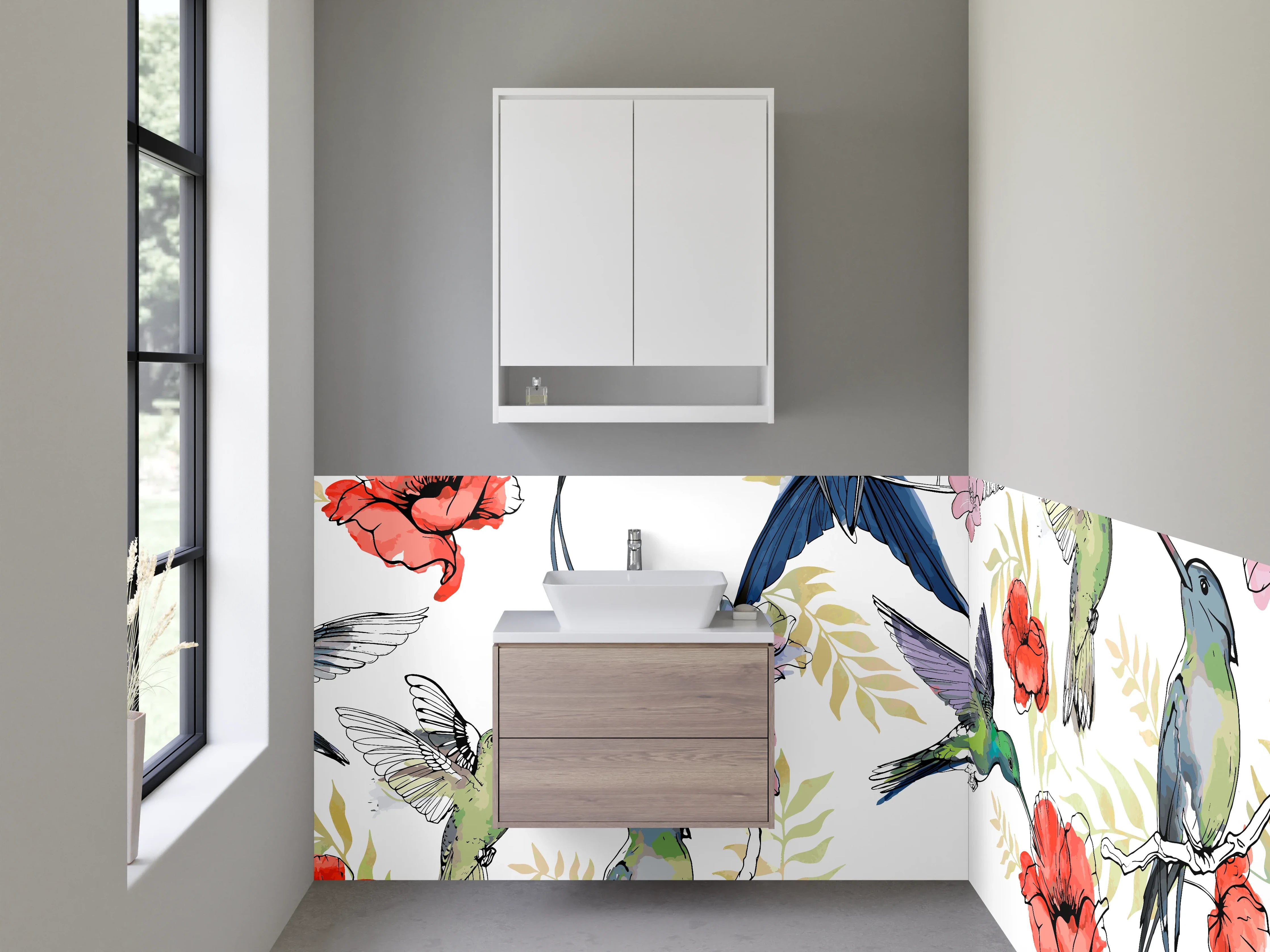 Waschbecken-Rückwand - Kolibri und Blumen Illustration Muster