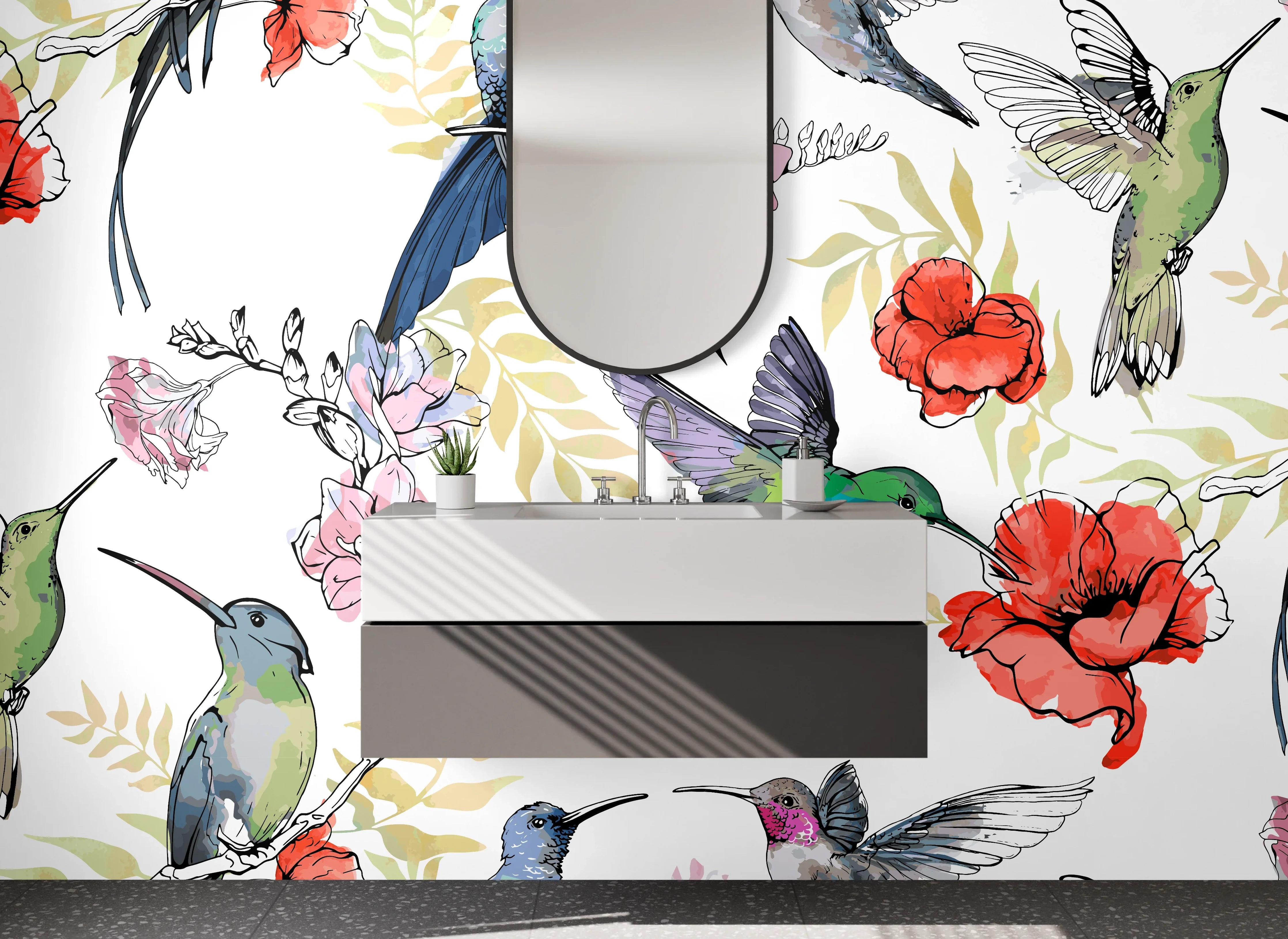 Waschbecken-Rückwand - Kolibri und Blumen Illustration Muster