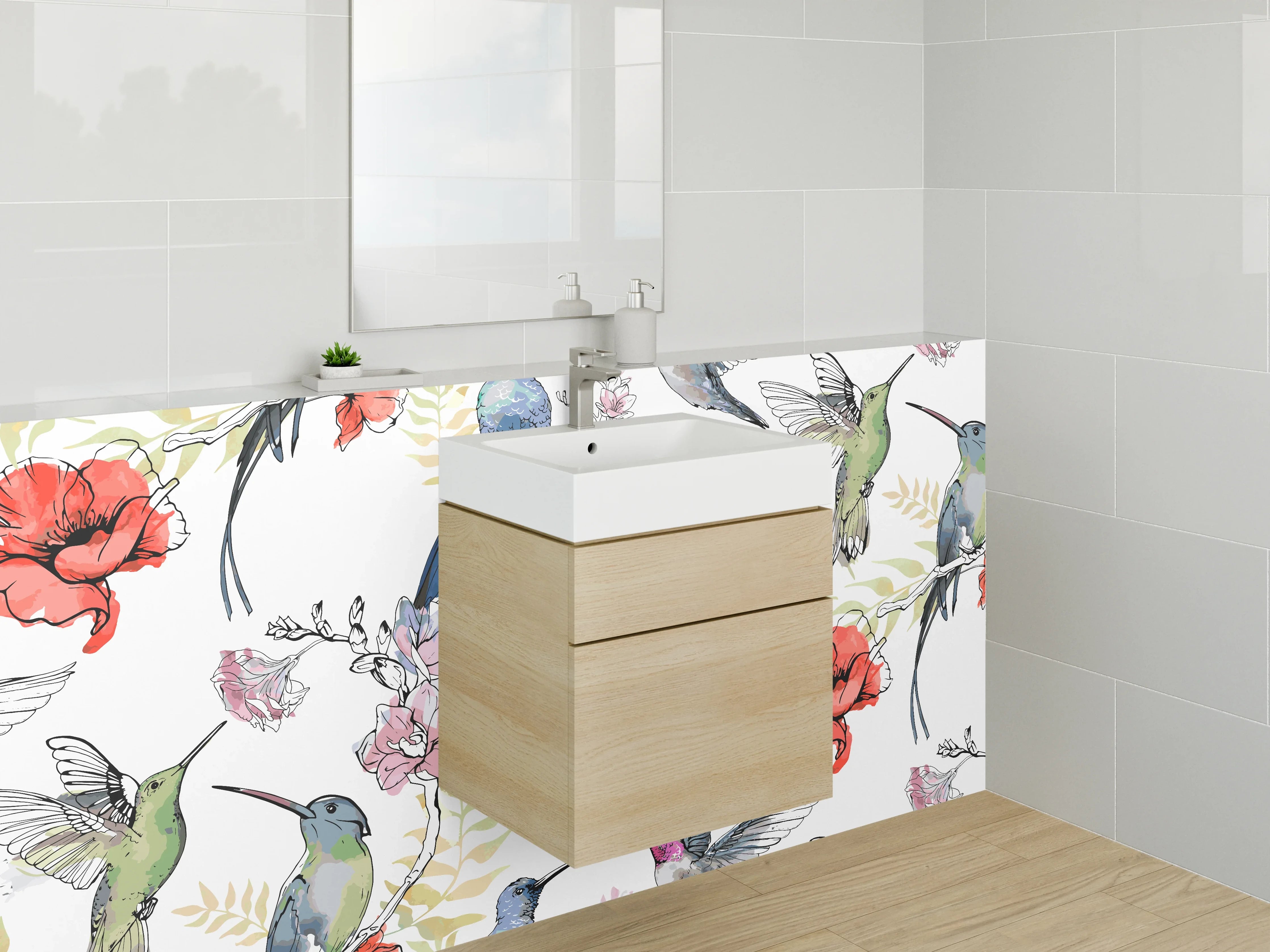 Waschbecken-Rückwand - Kolibri und Blumen Illustration Muster