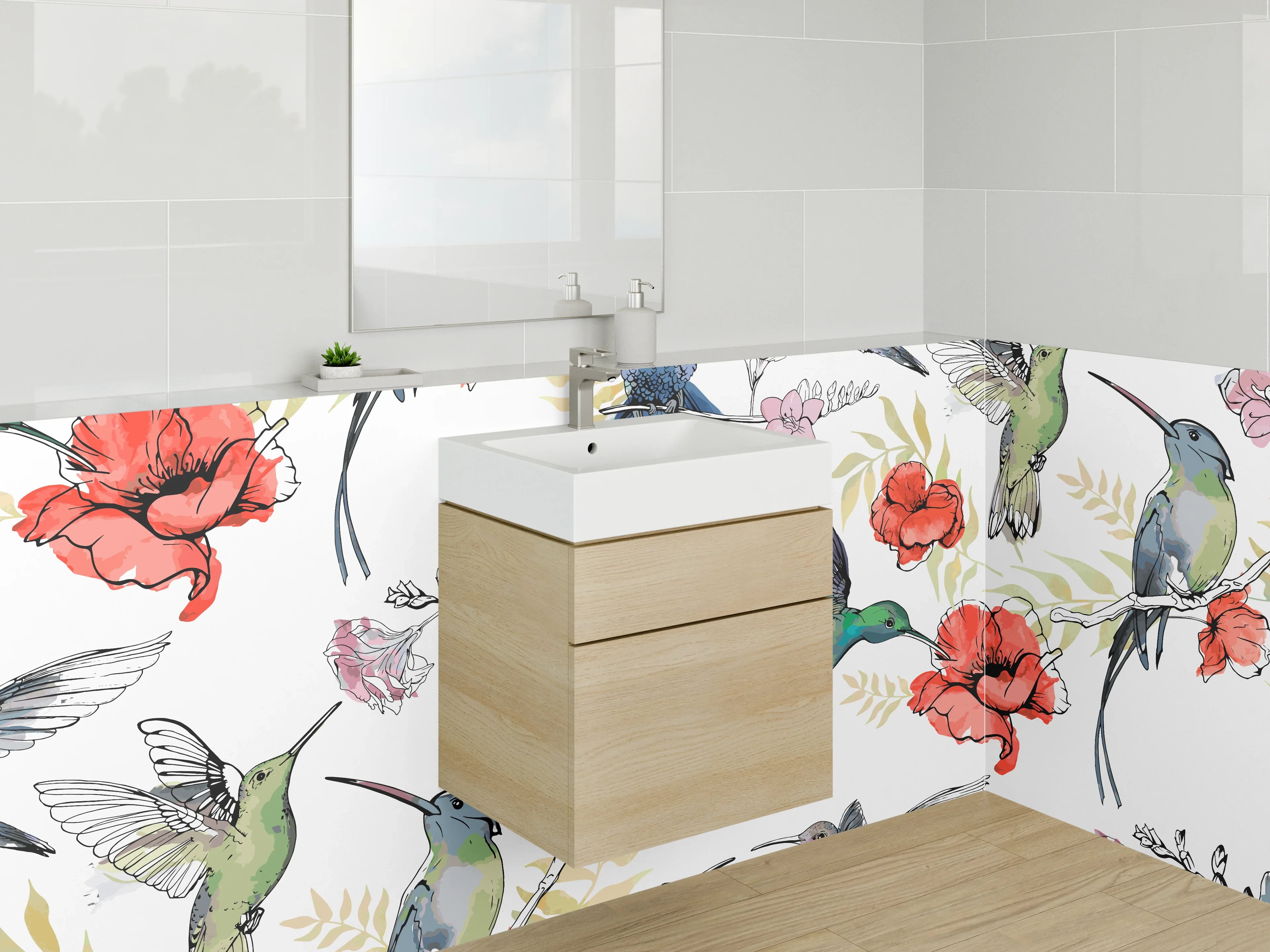 Waschbecken-Rückwand - Kolibri und Blumen Illustration Muster