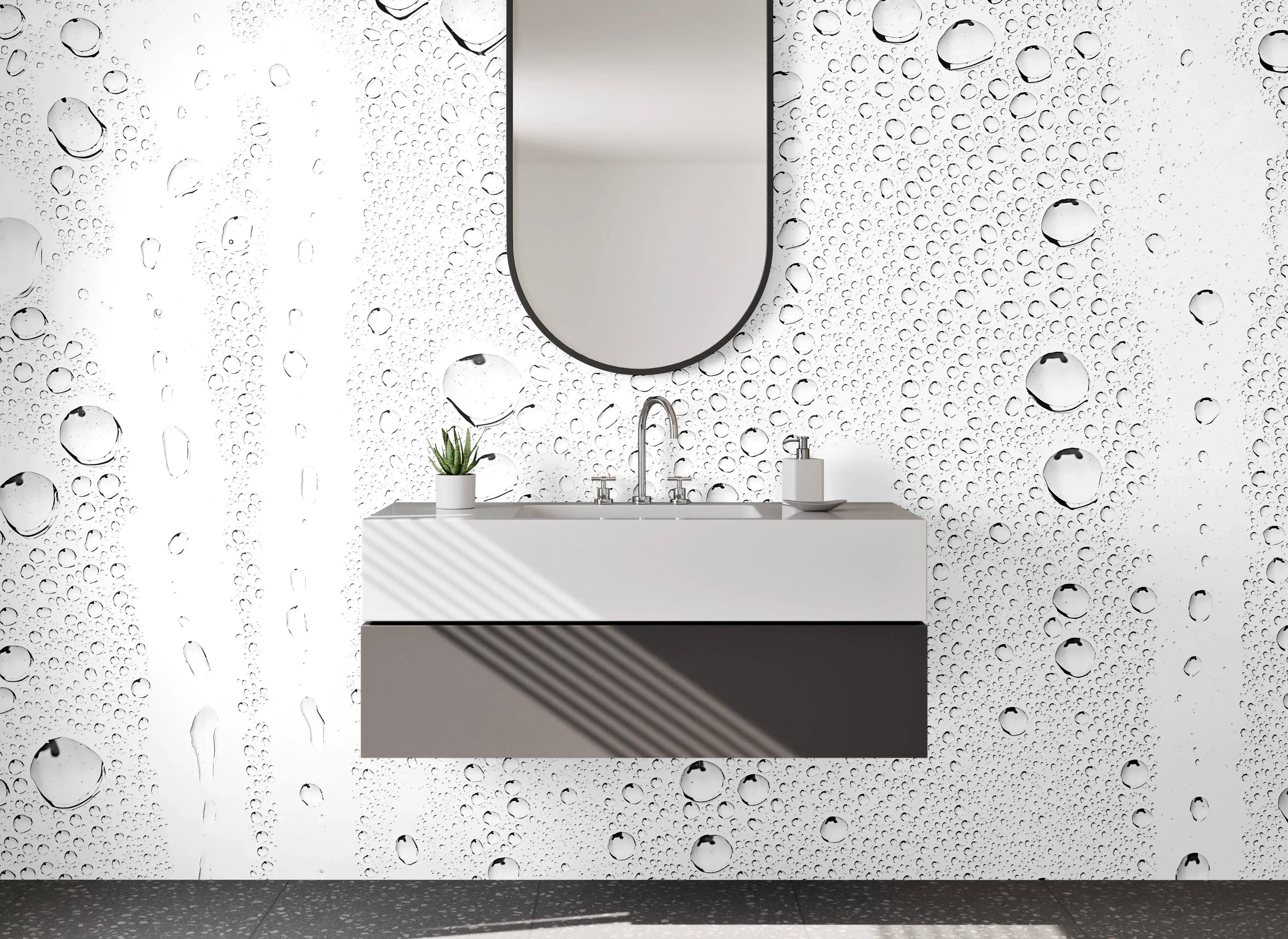 Waschbecken-Rückwand - Kondenswassertropfen auf Weiß – Modern Minimal