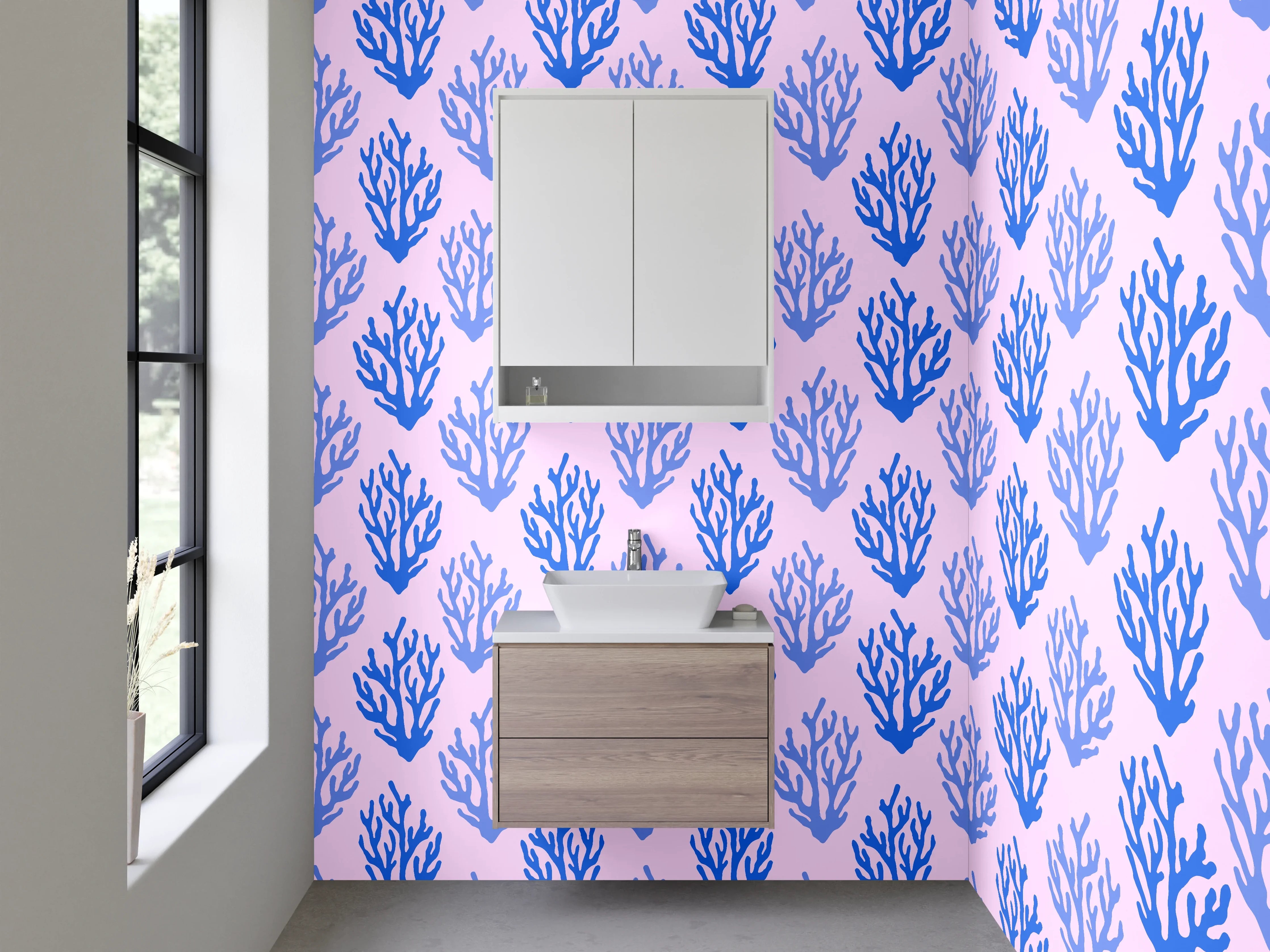 Waschbecken-Rückwand - Korallenmuster Blau auf Rosa