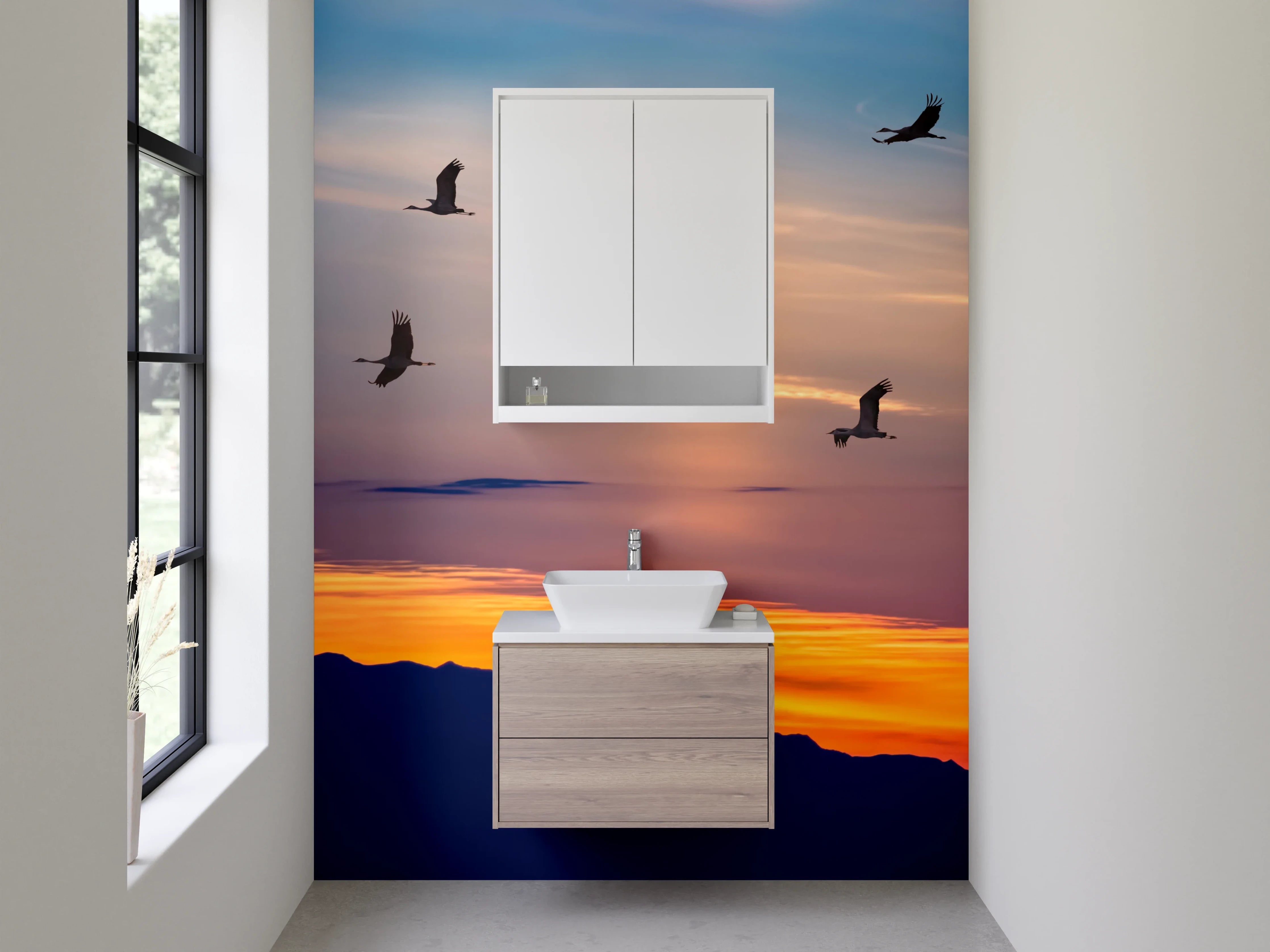 Waschbecken-Rückwand - Kraniche im Flug bei Sonnenuntergang