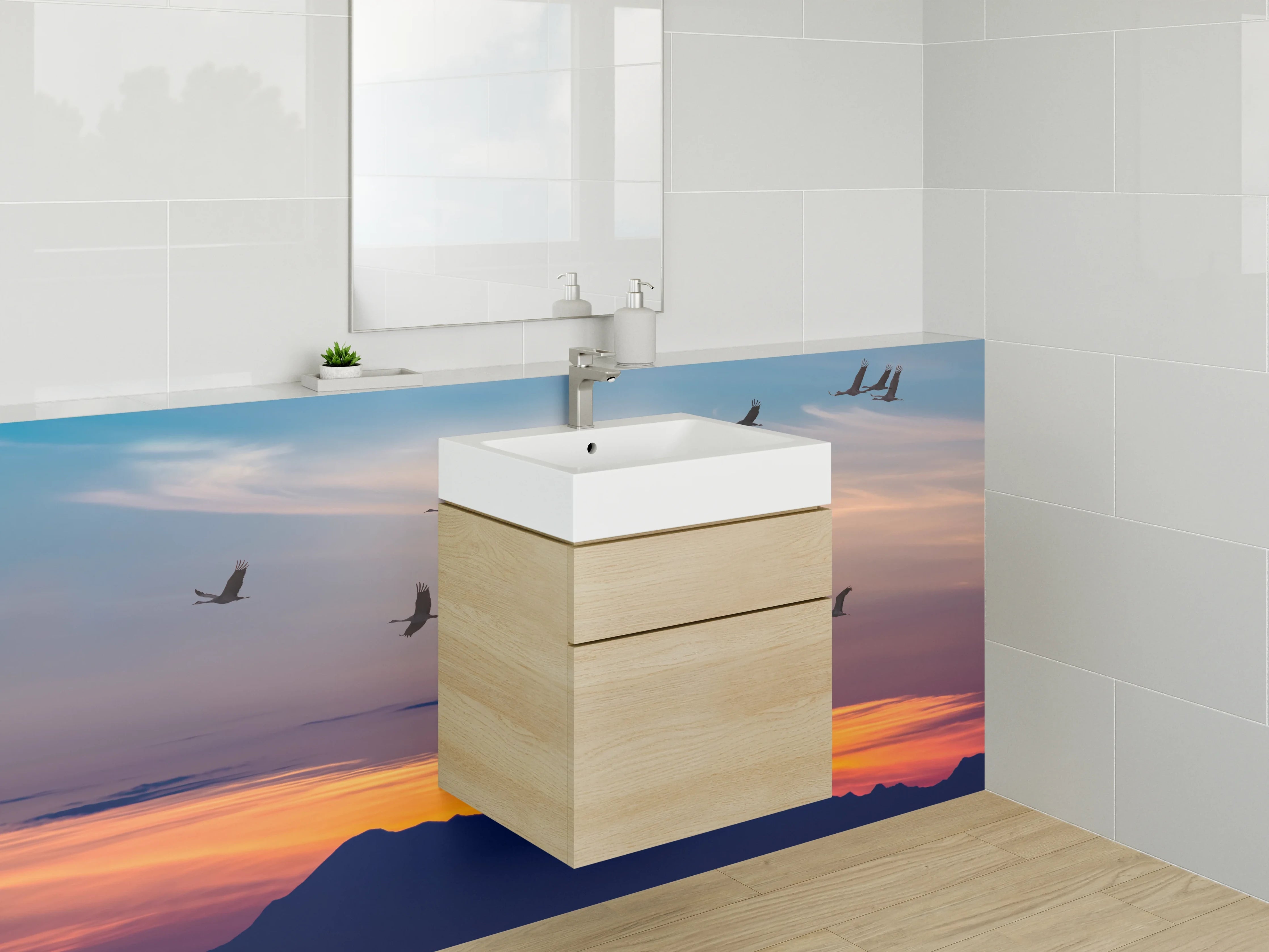 Waschbecken-Rückwand - Kraniche im Flug bei Sonnenuntergang