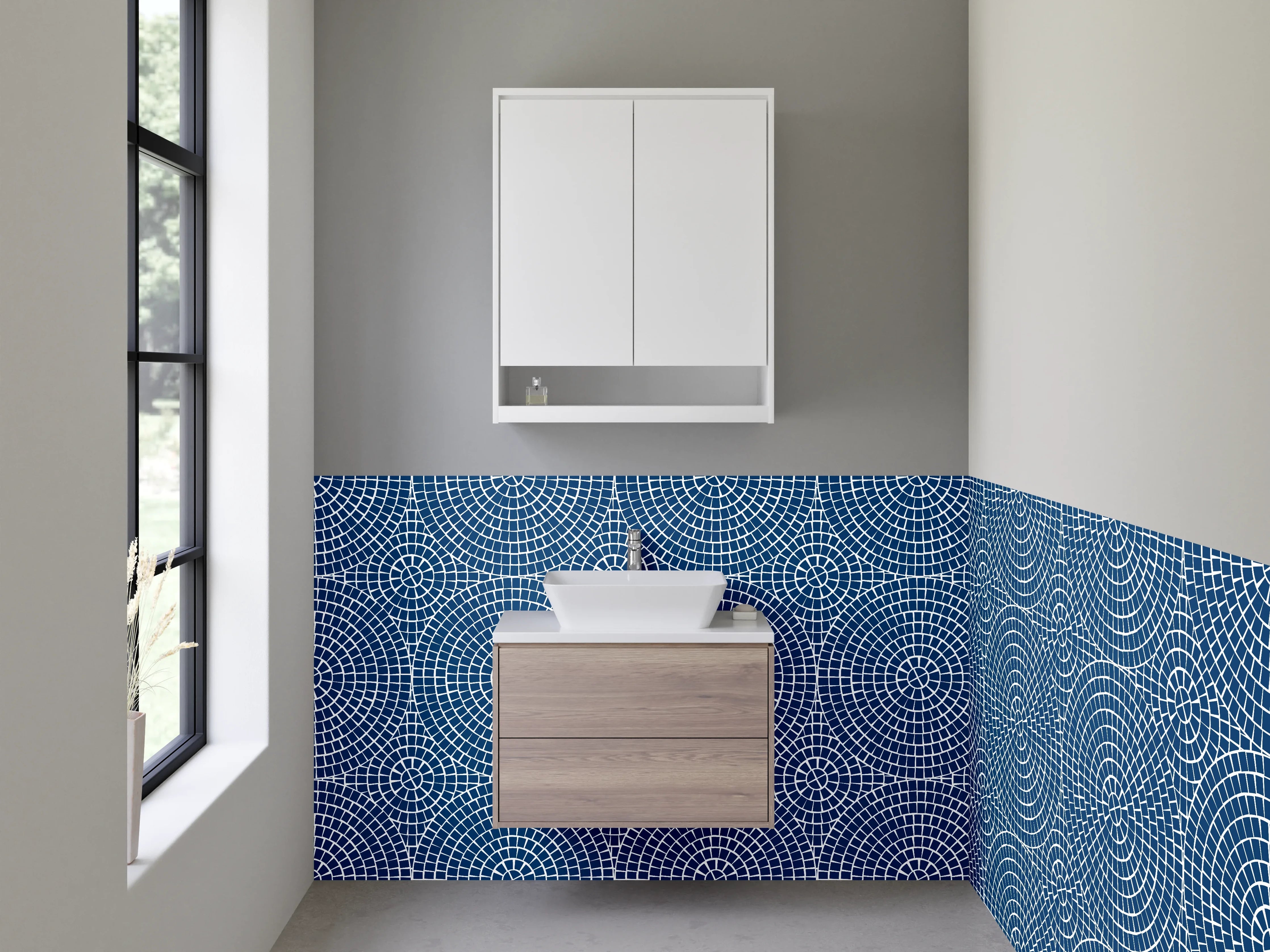 Waschbecken-Rückwand - Kreis-Mosaik blau Weiß modern