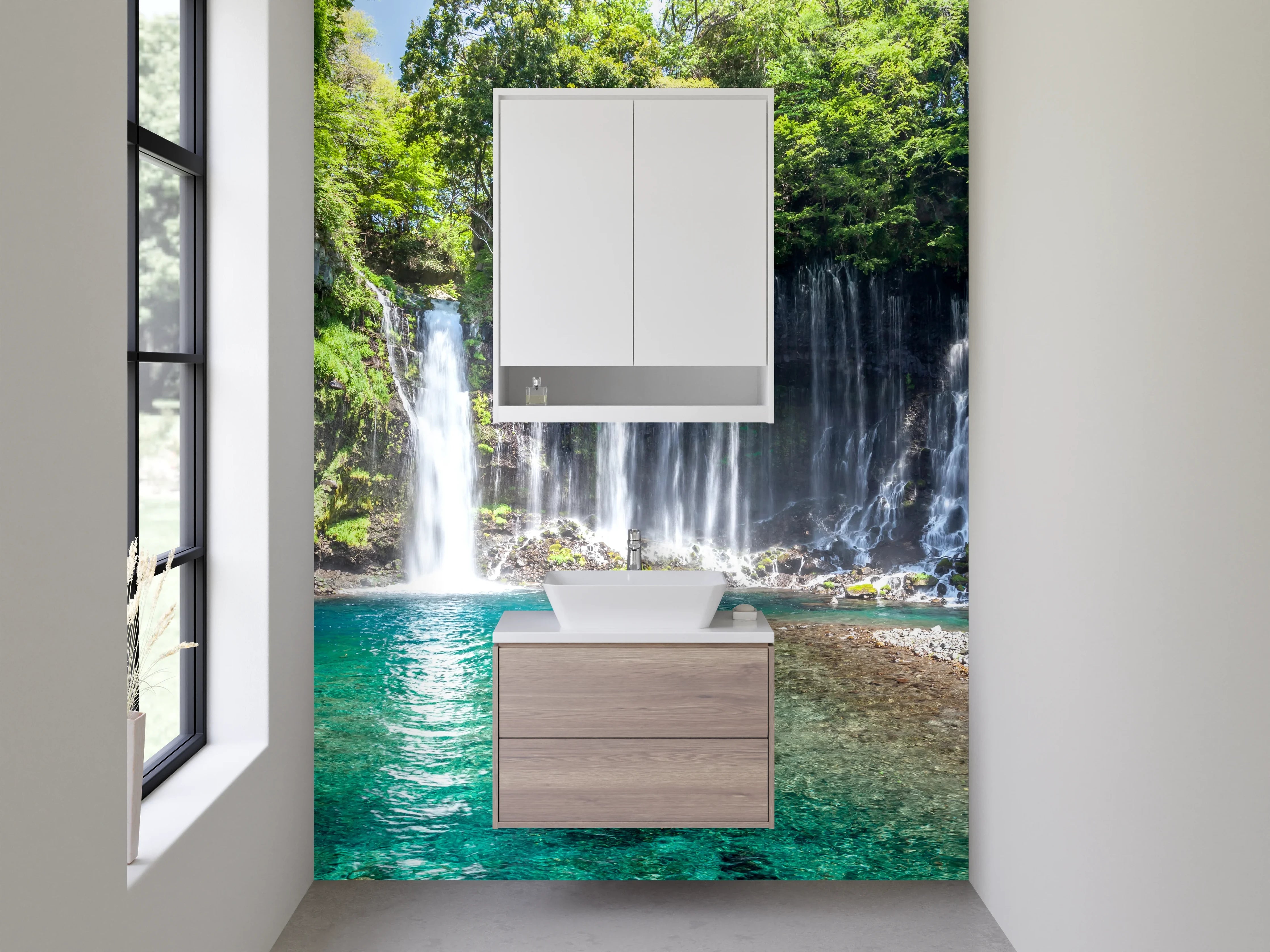 Waschbecken-Rückwand - Kristallklarer Wasserfall im grünen Wald