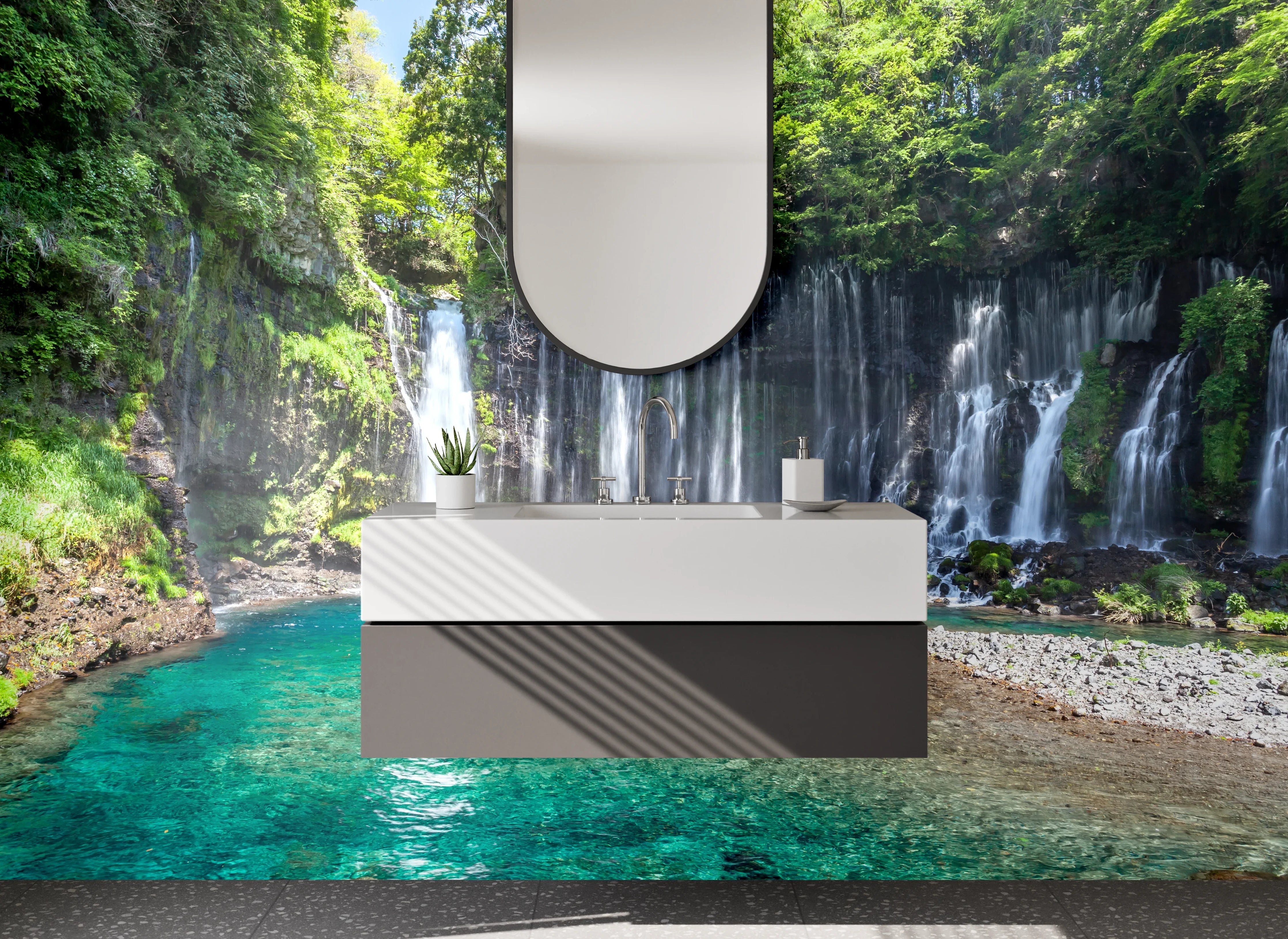 Waschbecken-Rückwand - Kristallklarer Wasserfall im grünen Wald