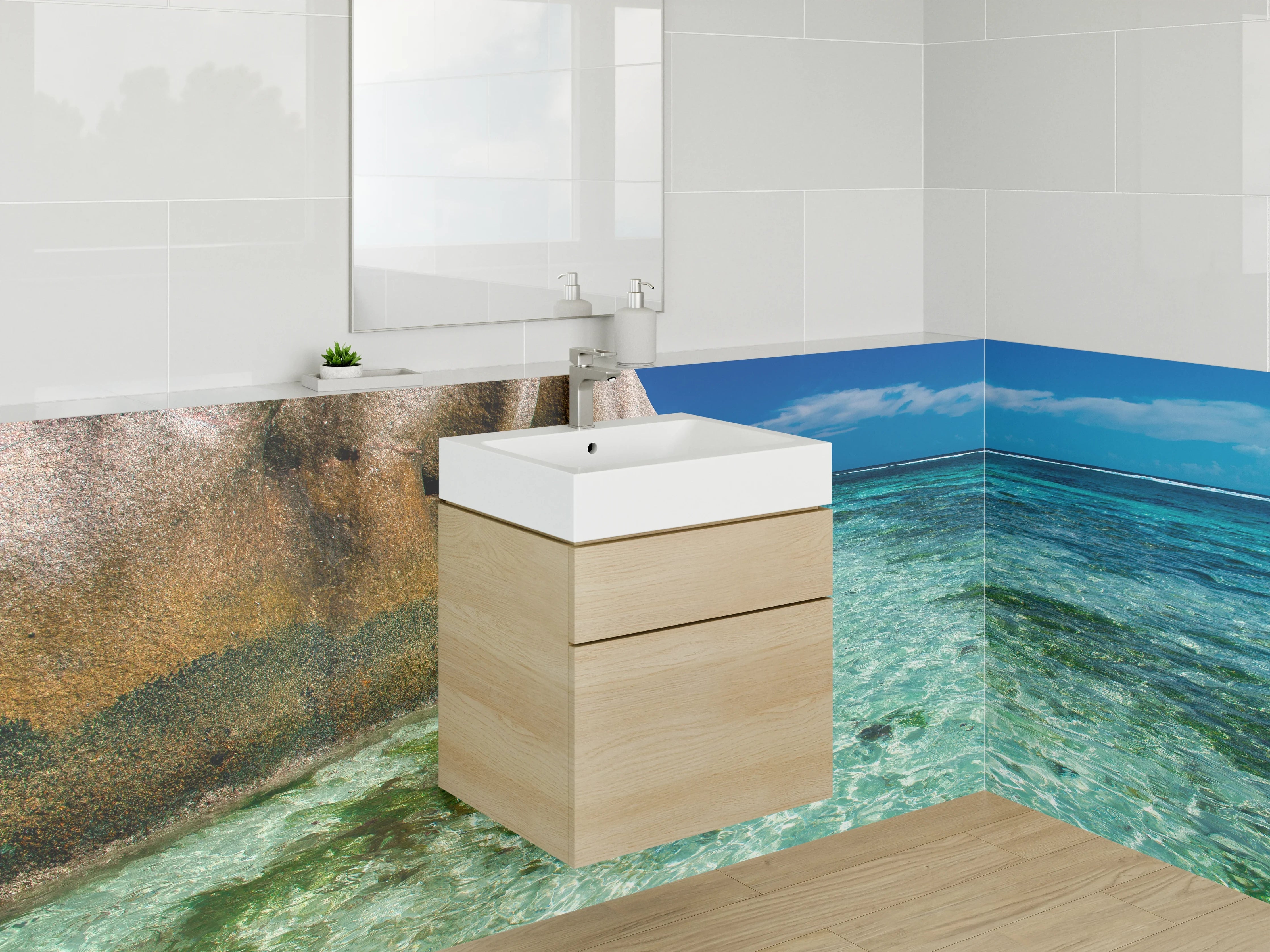 Waschbecken-Rückwand - Kristallklares Wasser und Felsen
