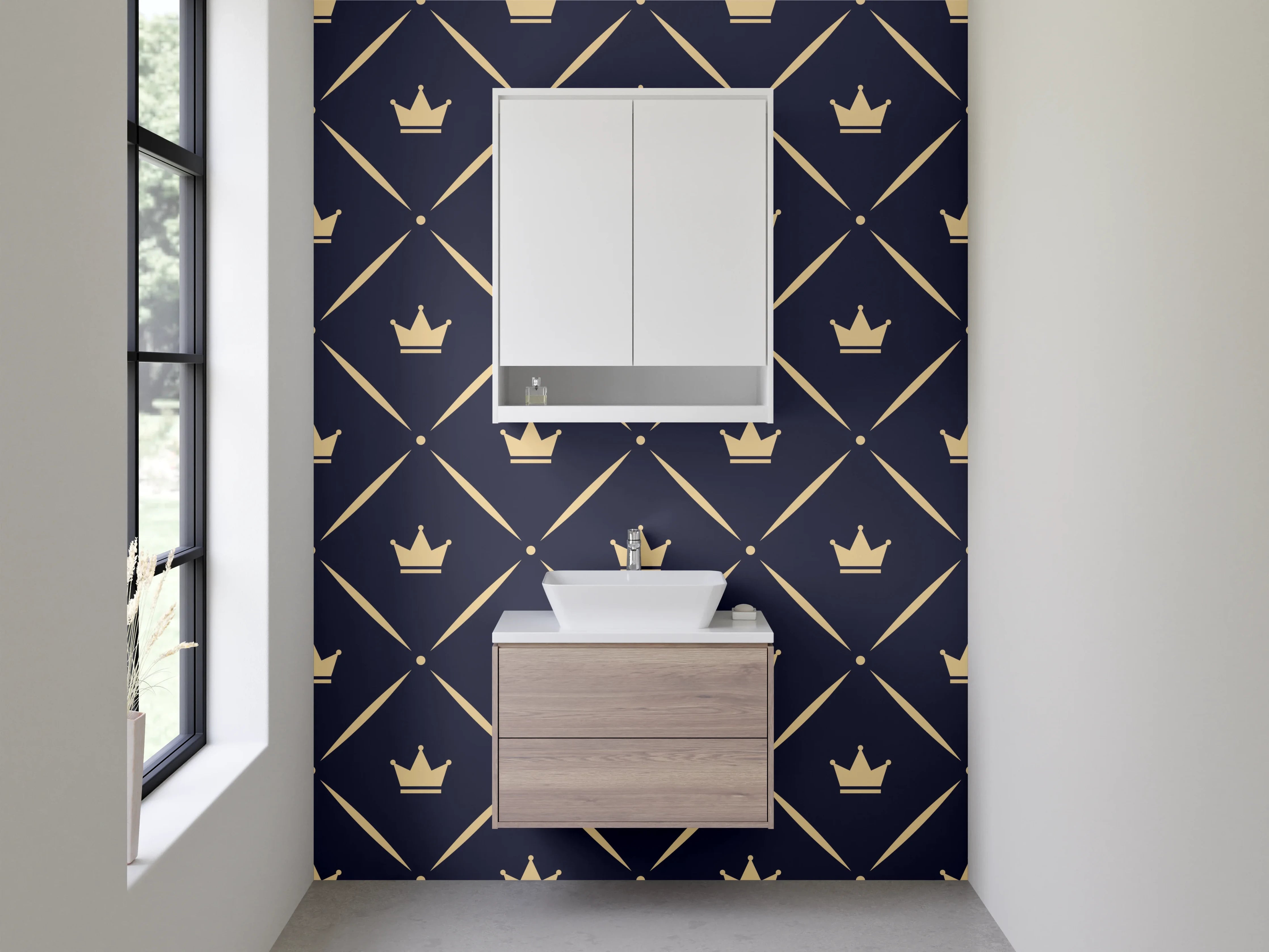 Waschbecken-Rückwand - Krönchen-Muster Dunkelblau Gold