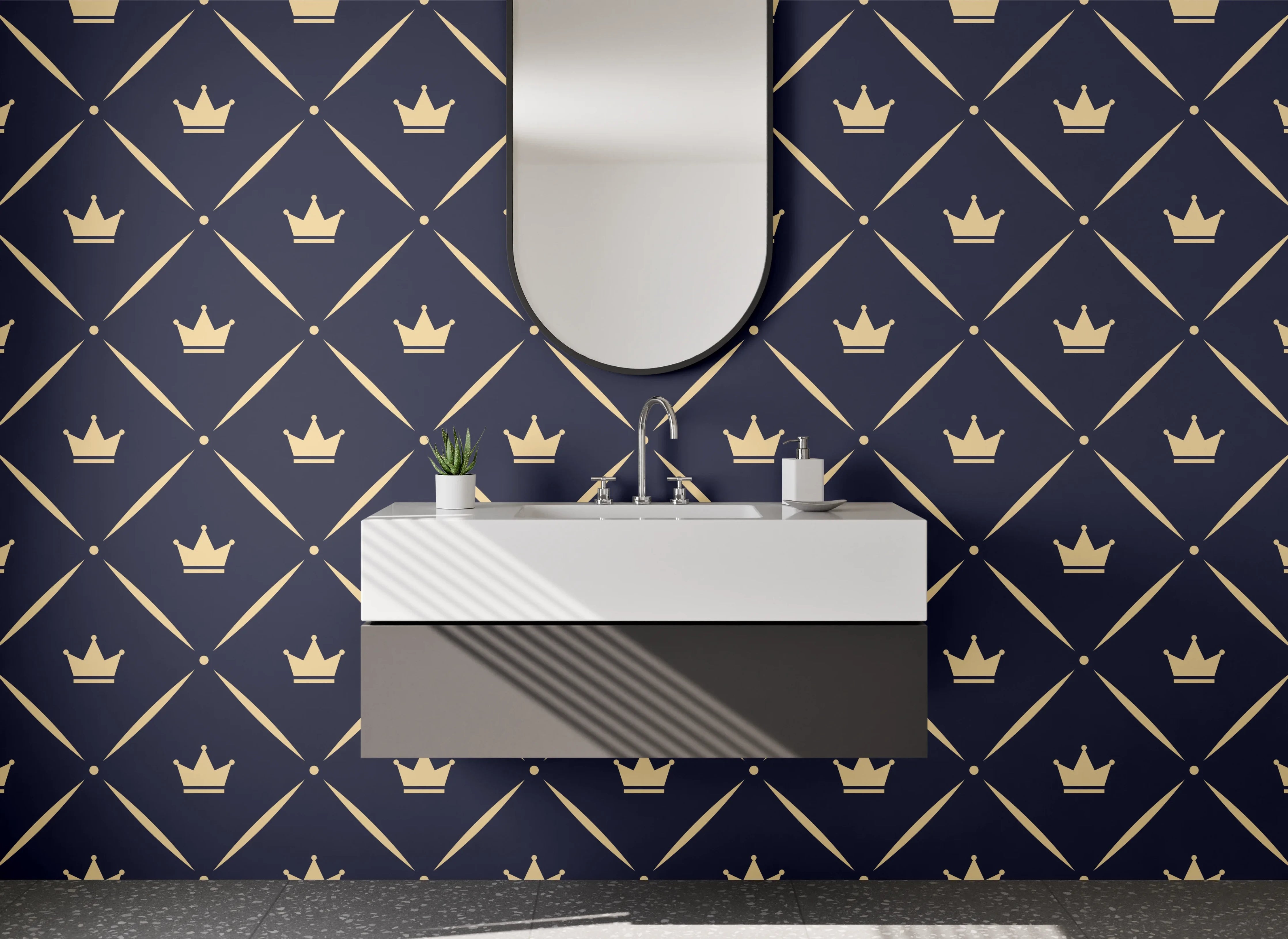 Waschbecken-Rückwand - Krönchen-Muster Dunkelblau Gold