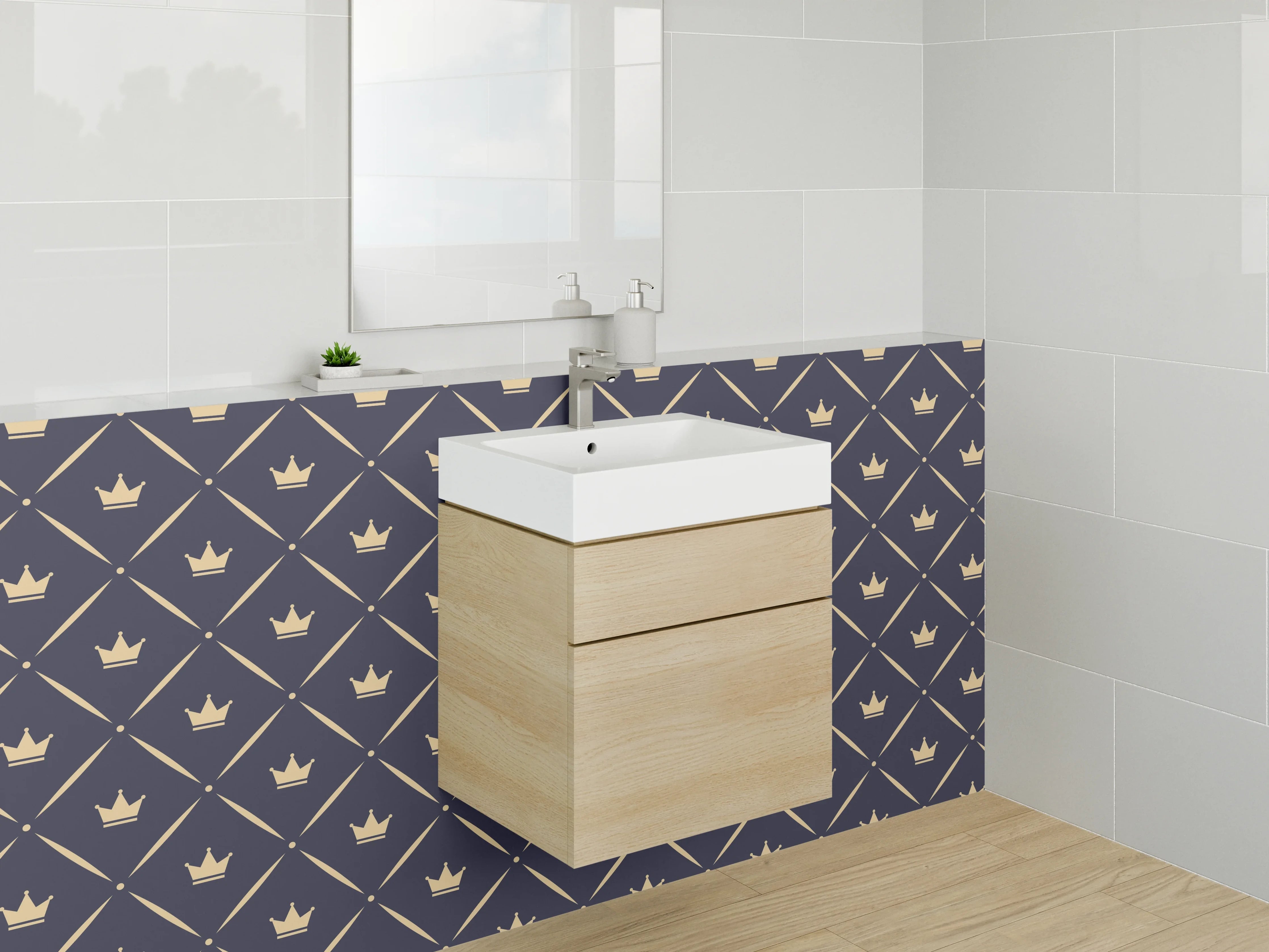 Waschbecken-Rückwand - Krönchen-Muster Dunkelblau Gold