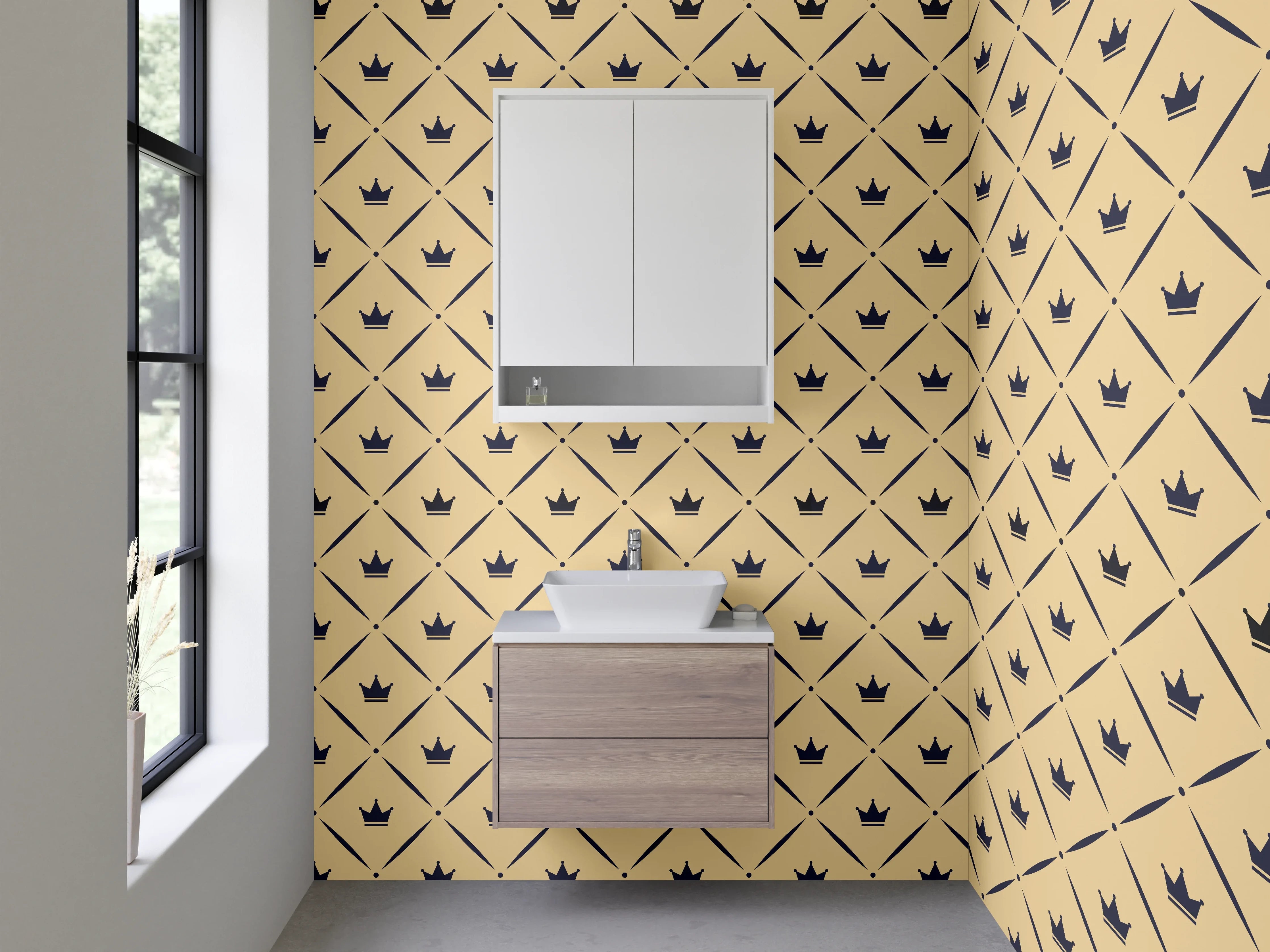 Waschbecken-Rückwand - Krönchen Muster Fliesenoptik Beige Schwarz