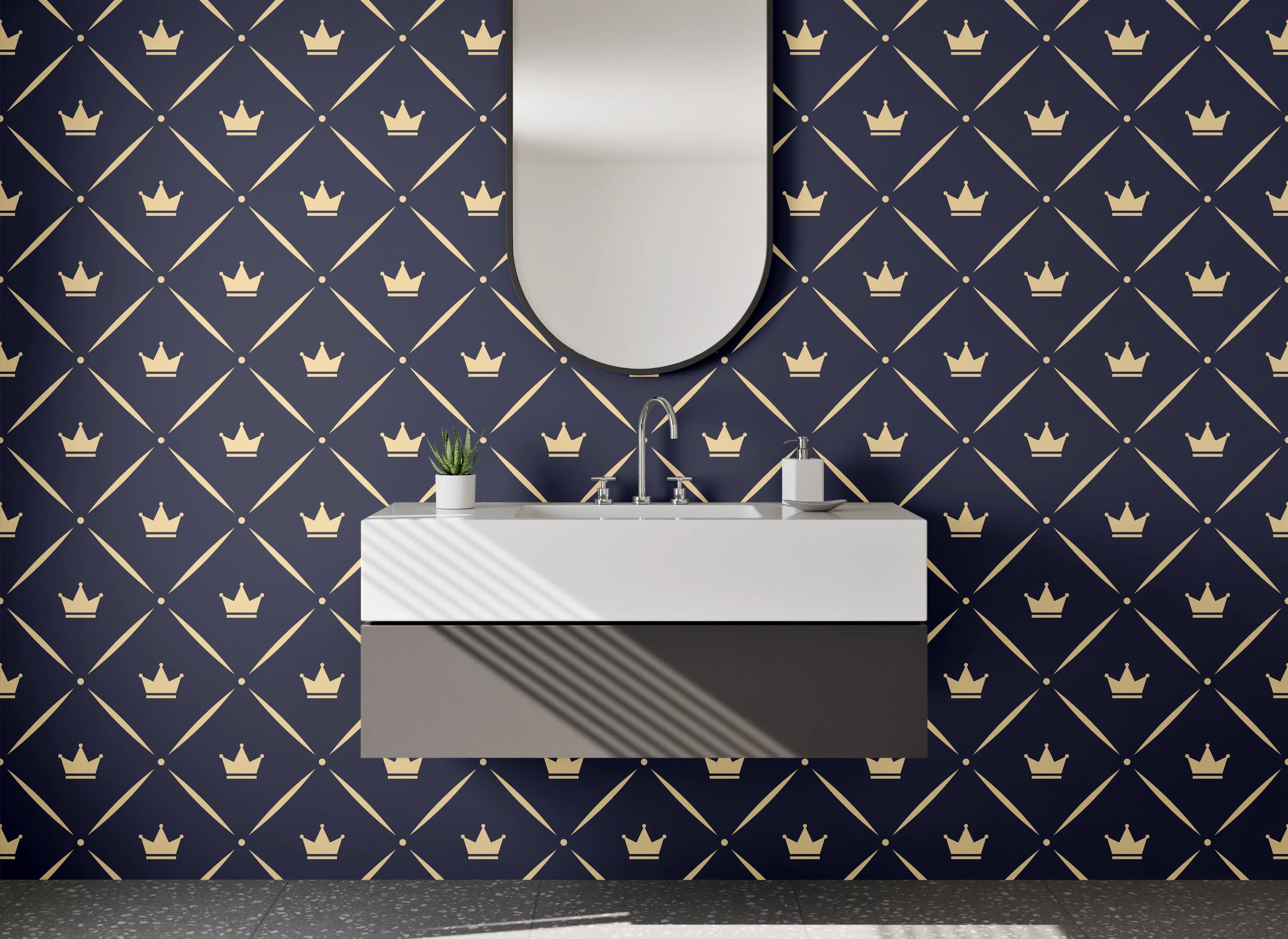 Waschbecken-Rückwand - Kronenmuster Dunkelblau Gold Modern