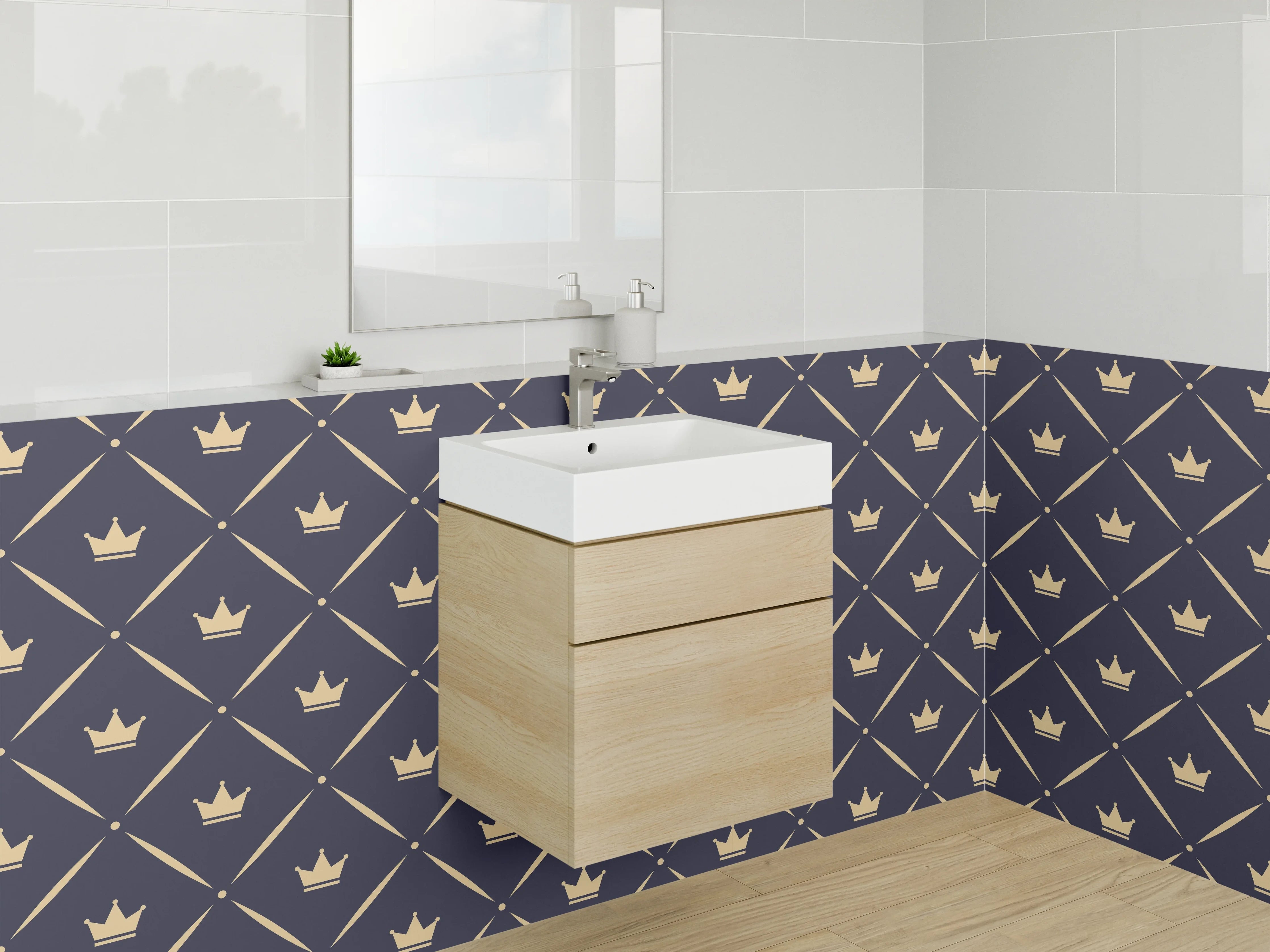 Waschbecken-Rückwand - Kronenmuster Dunkelblau Gold Modern