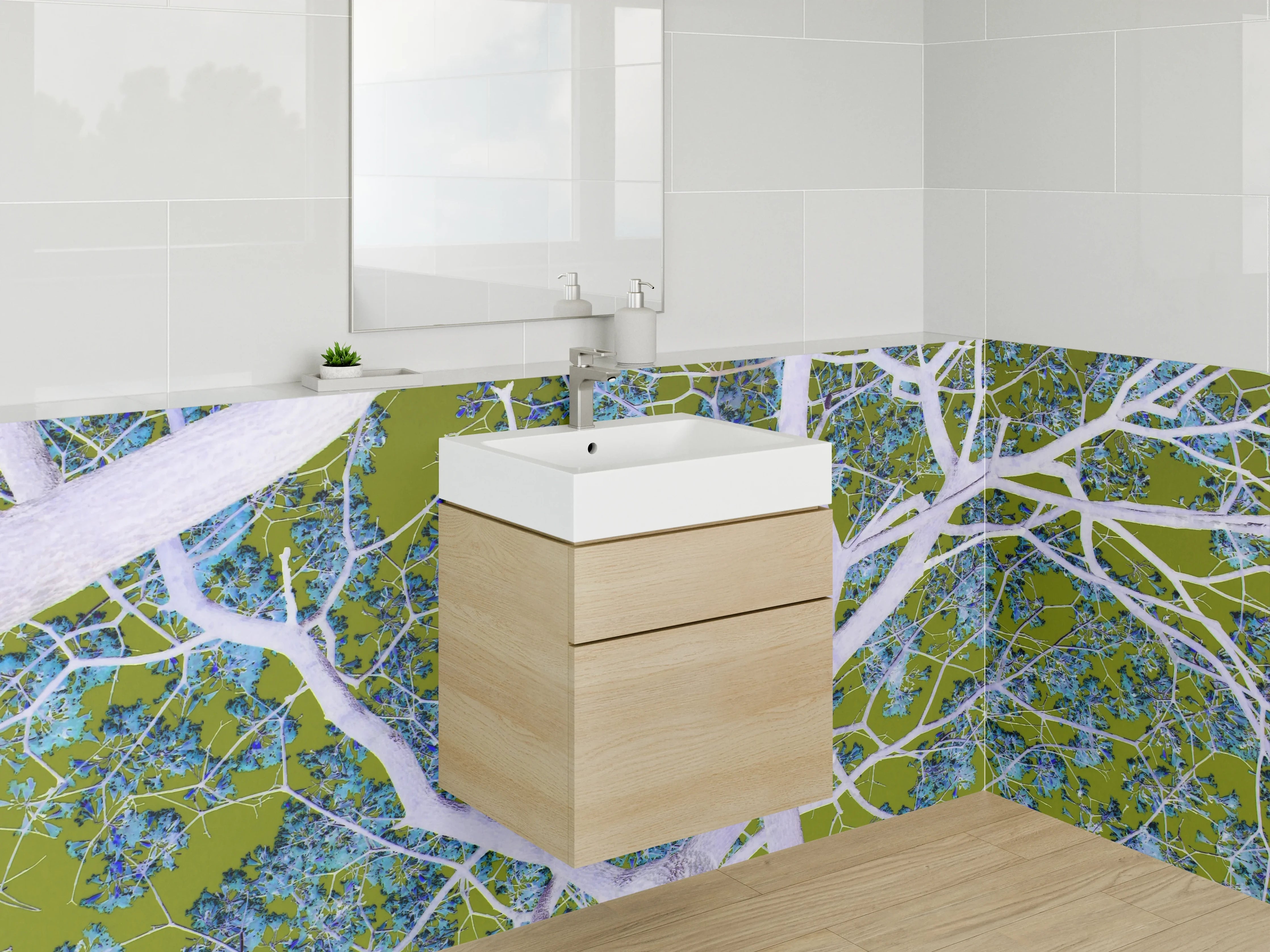 Waschbecken-Rückwand - Künstlerische Baumstruktur in Blau und Grün