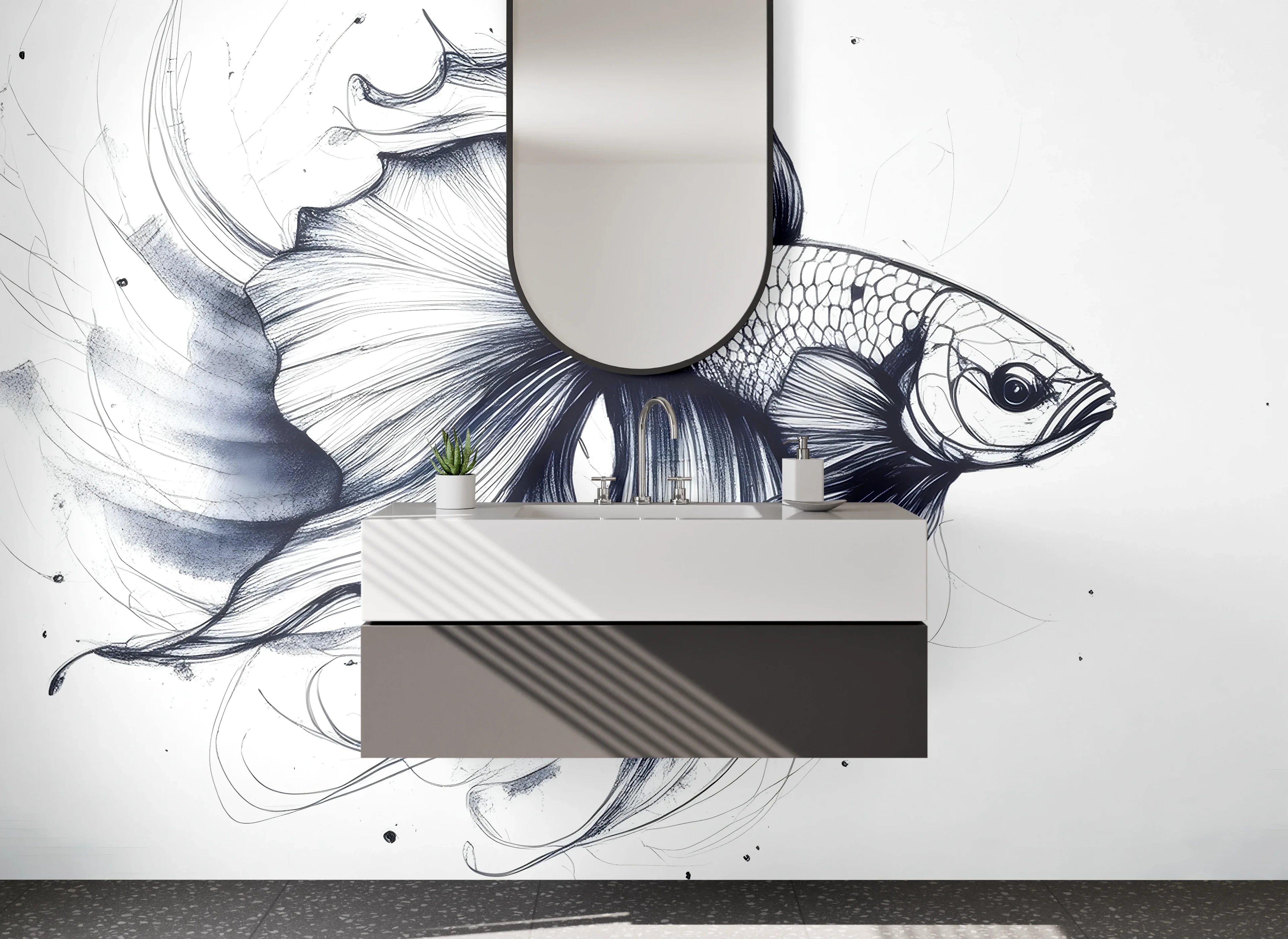 Waschbecken-Rückwand - Künstlerische Schwarz-Weiß Fischzeichnung
