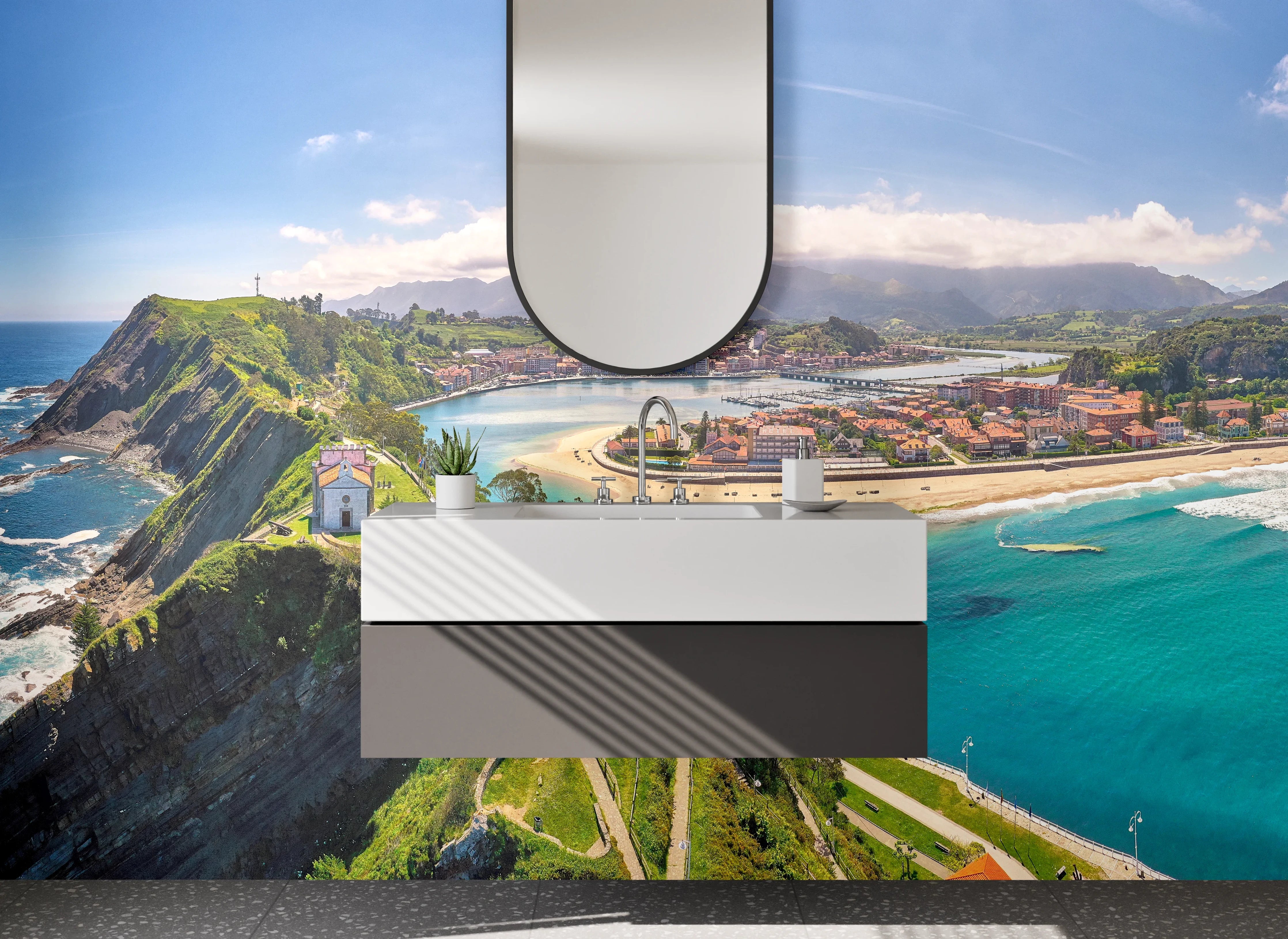 Waschbecken-Rückwand - Küstenblick mit Klippen und Meer