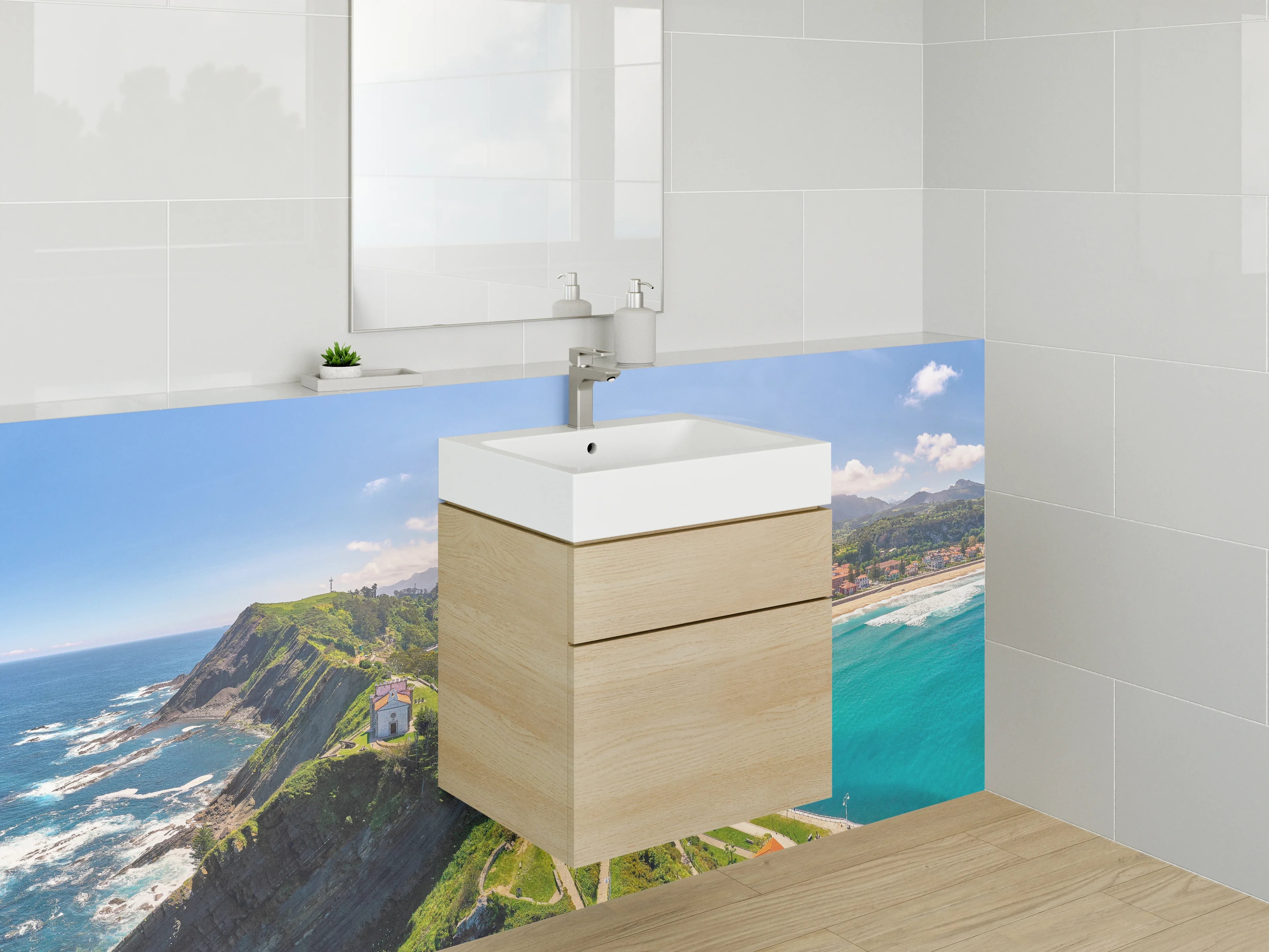 Waschbecken-Rückwand - Küstenblick mit Klippen und Meer