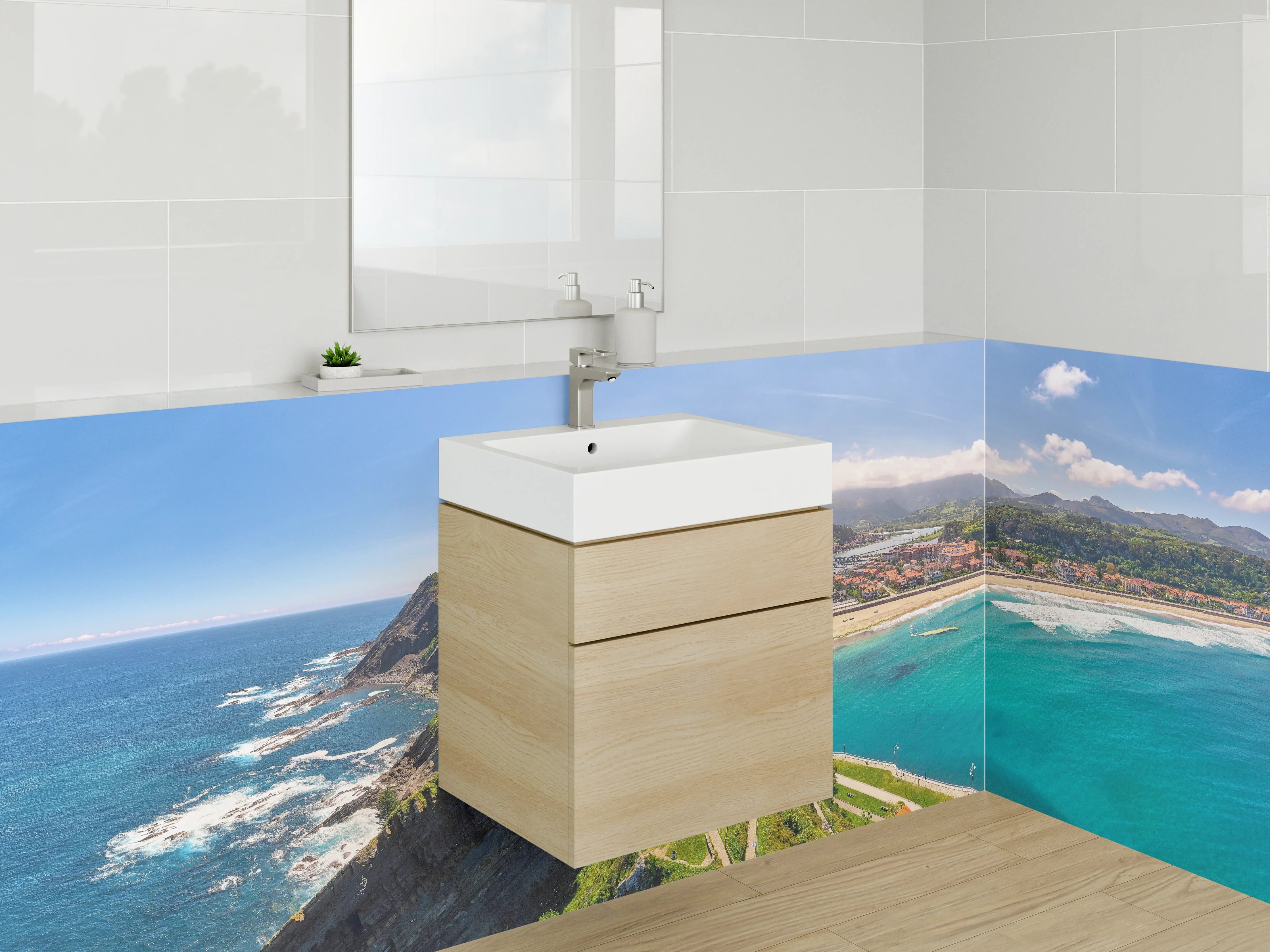 Waschbecken-Rückwand - Küstenblick mit Klippen und Meer