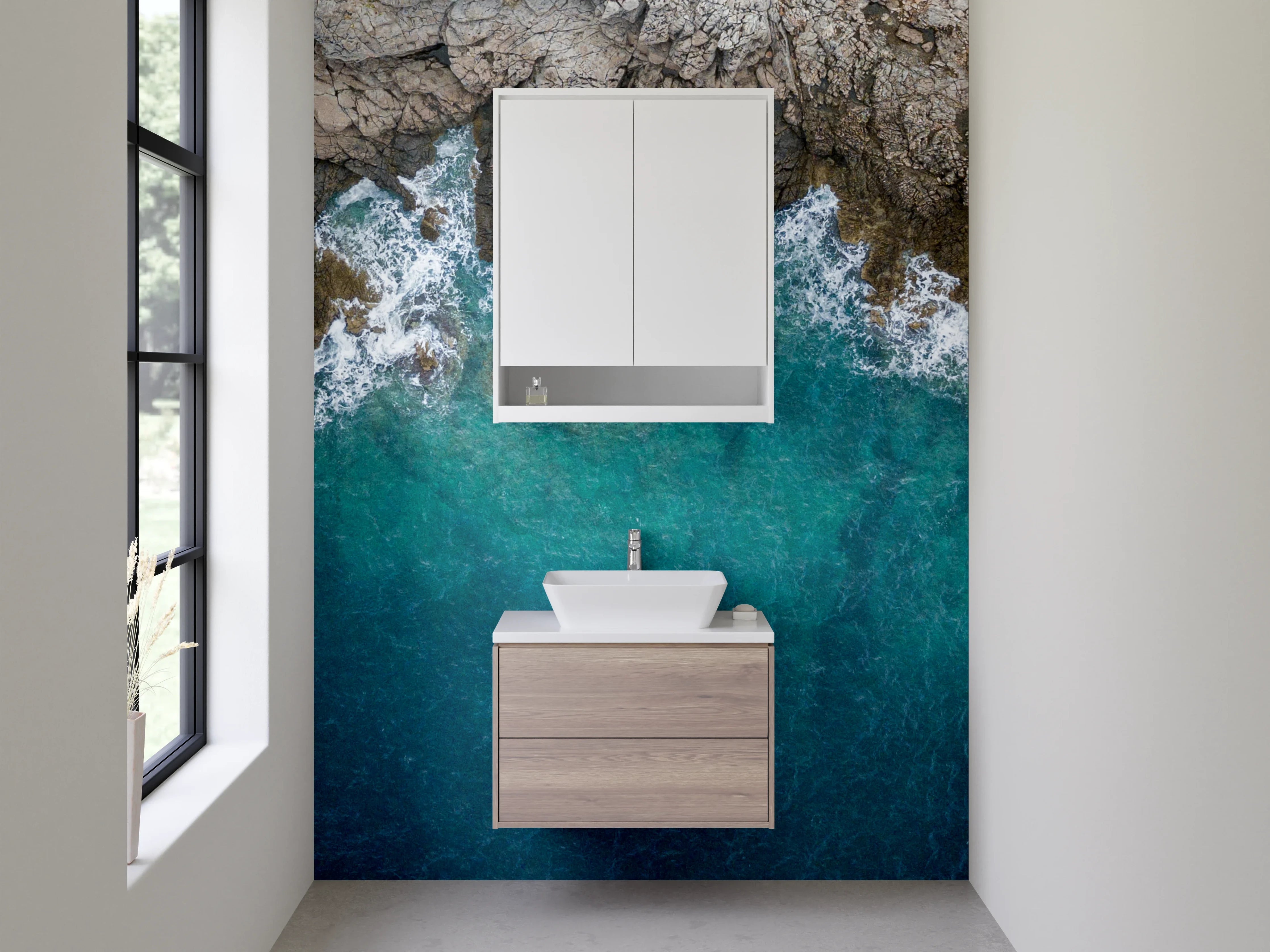 Waschbecken-Rückwand - Küstenlinie mit Felsen und Meer